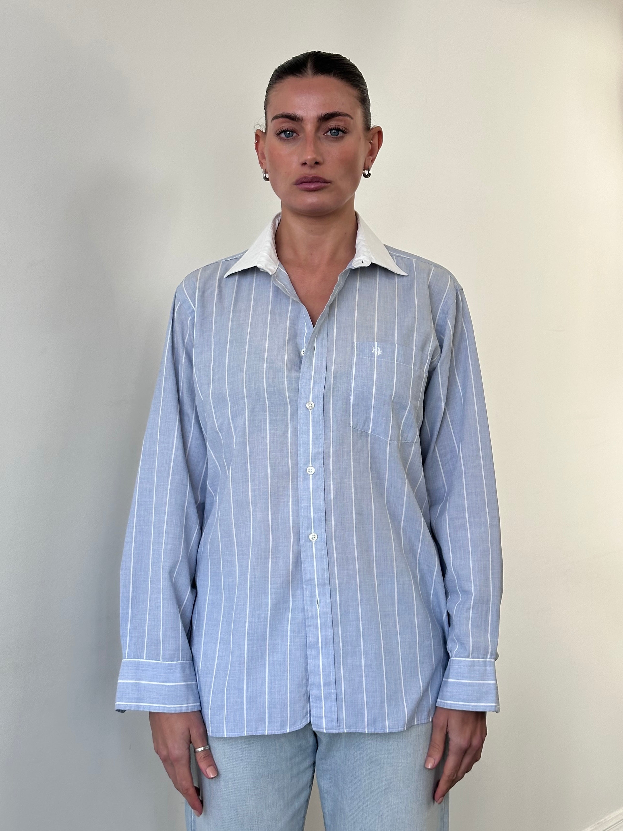 Christian Dior striped contrast collar logo shirt in size M, featuring a stylish design with bold stripes and the Dior logo detail.