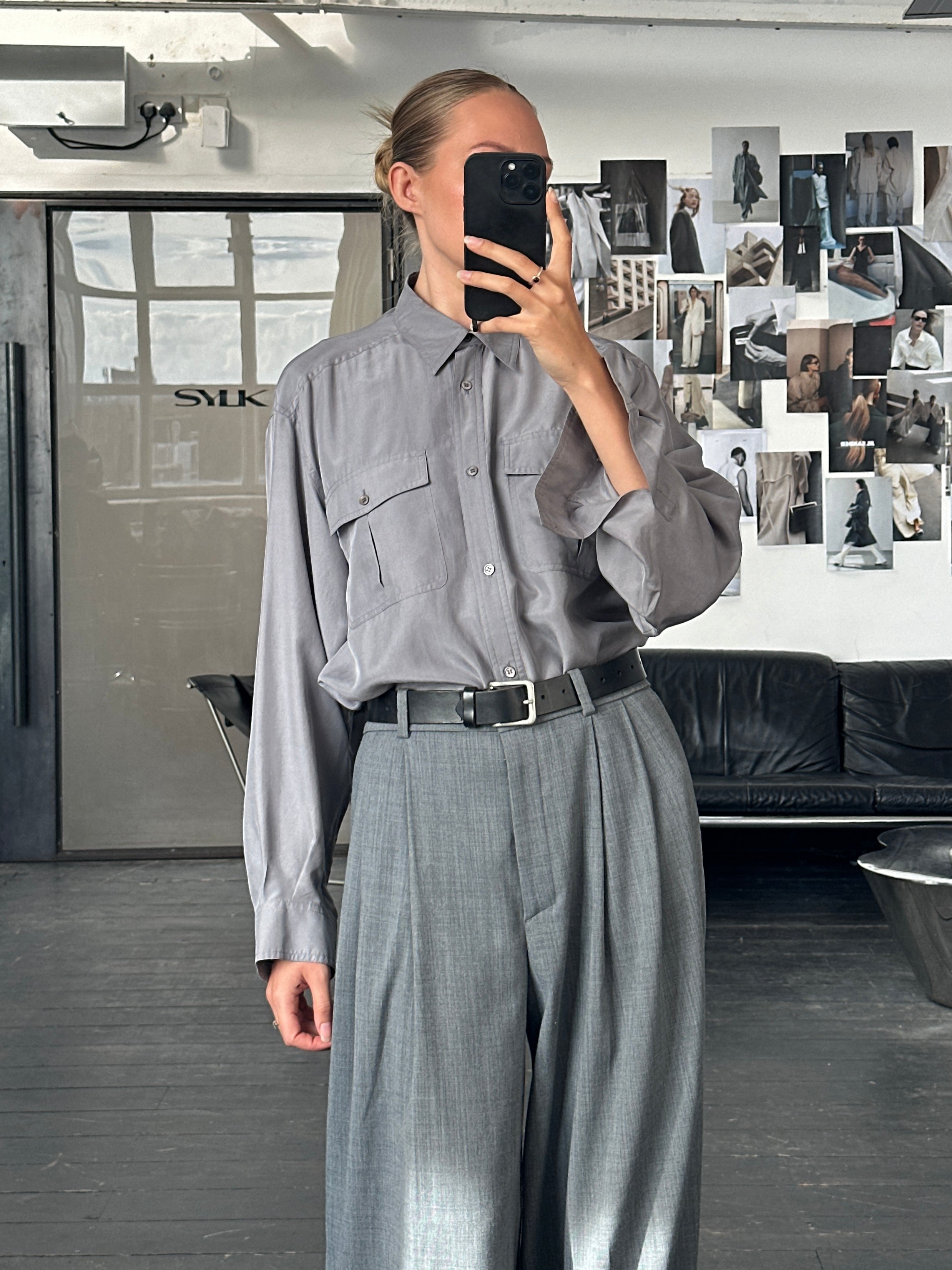 Vintage 1990s relaxed pure silk shirt in size large, featuring a soft drape and classic collar, displayed on a hanger.