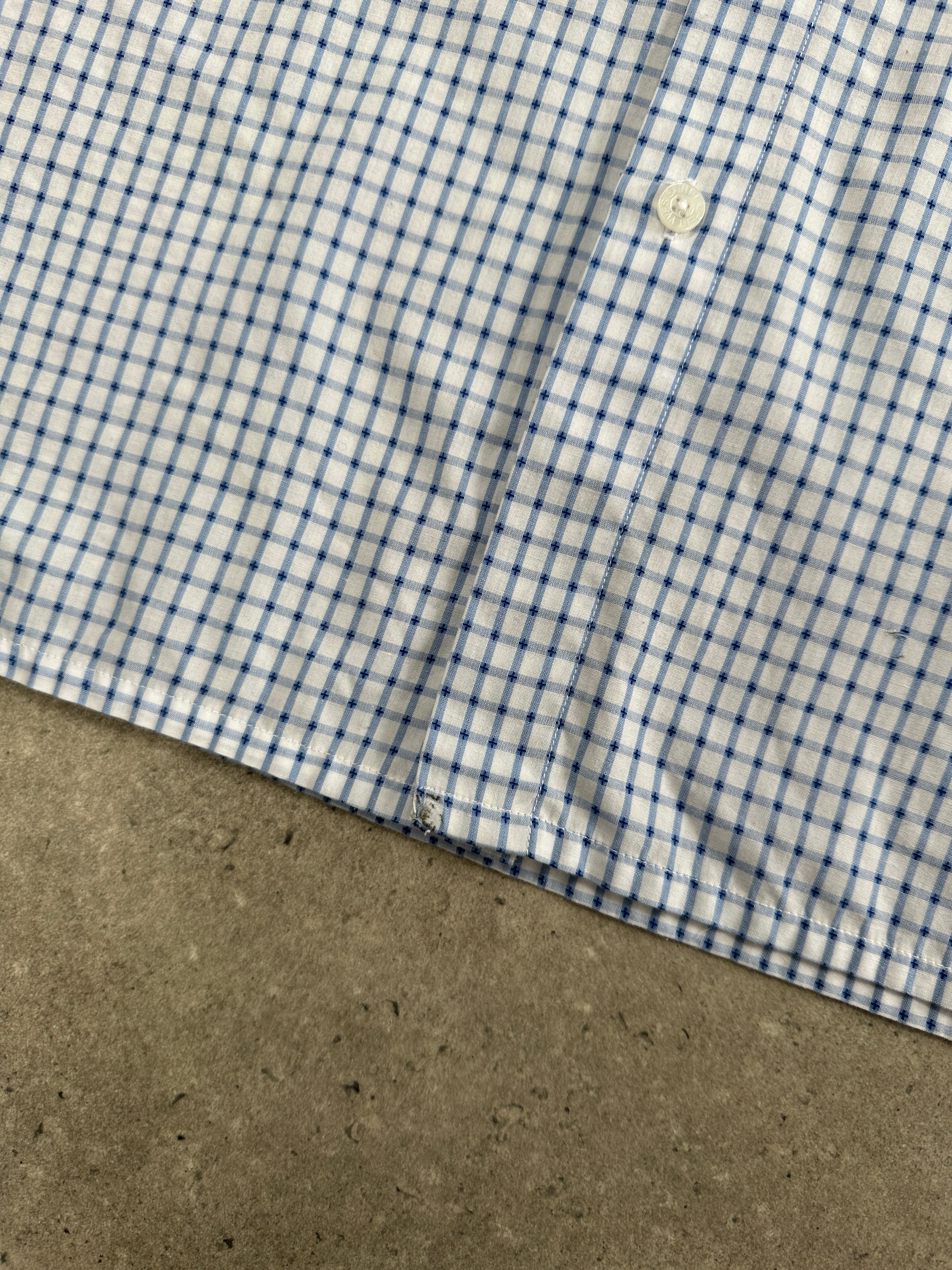 Yves Saint Laurent men's short sleeve cotton check logo shirt in XL, featuring classic check pattern and YSL branding.
