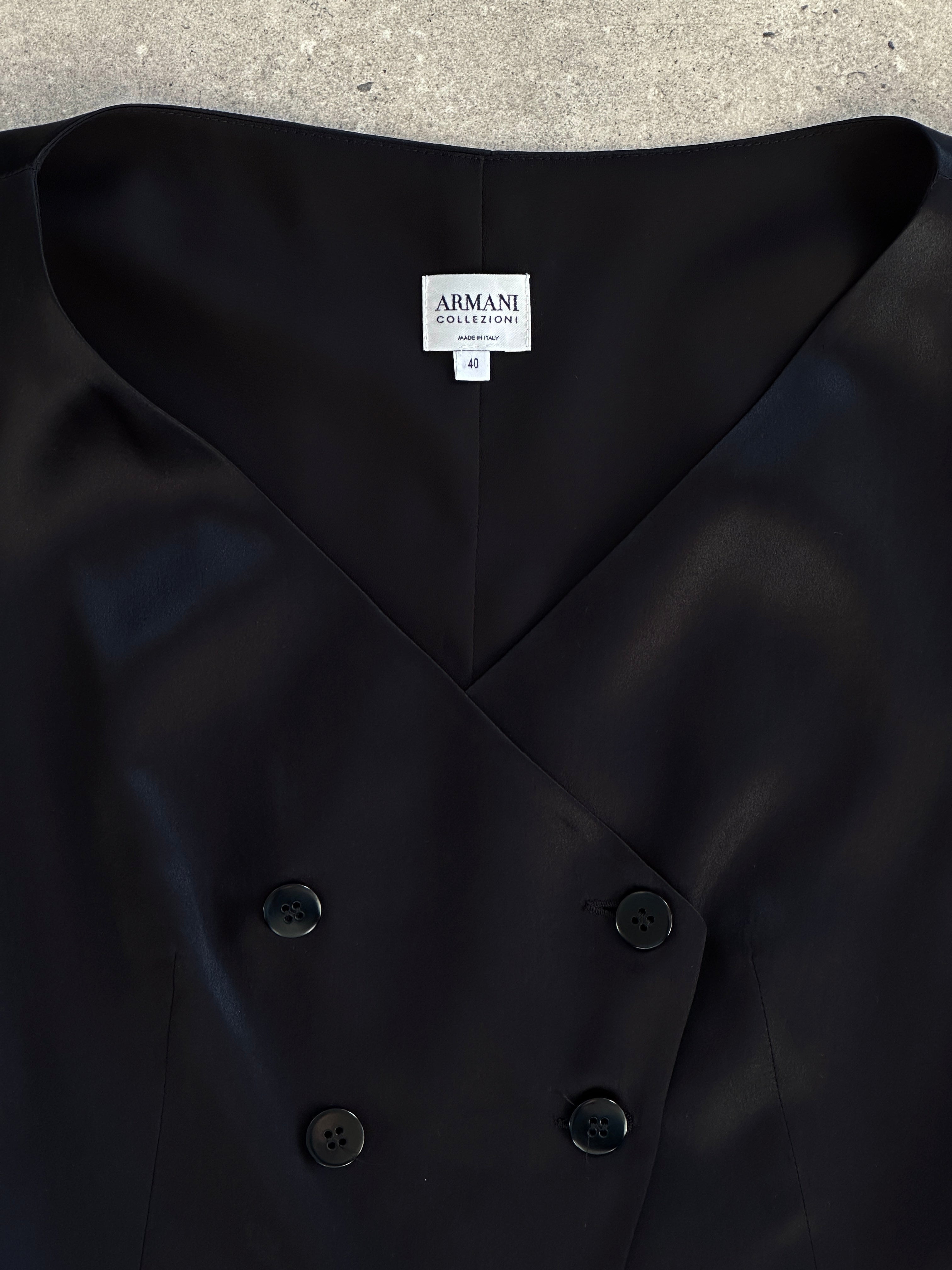 Armani Collezioni 2002 pure silk double-breasted waistcoat in XS/S, shown hanging with detailed button and fabric texture.