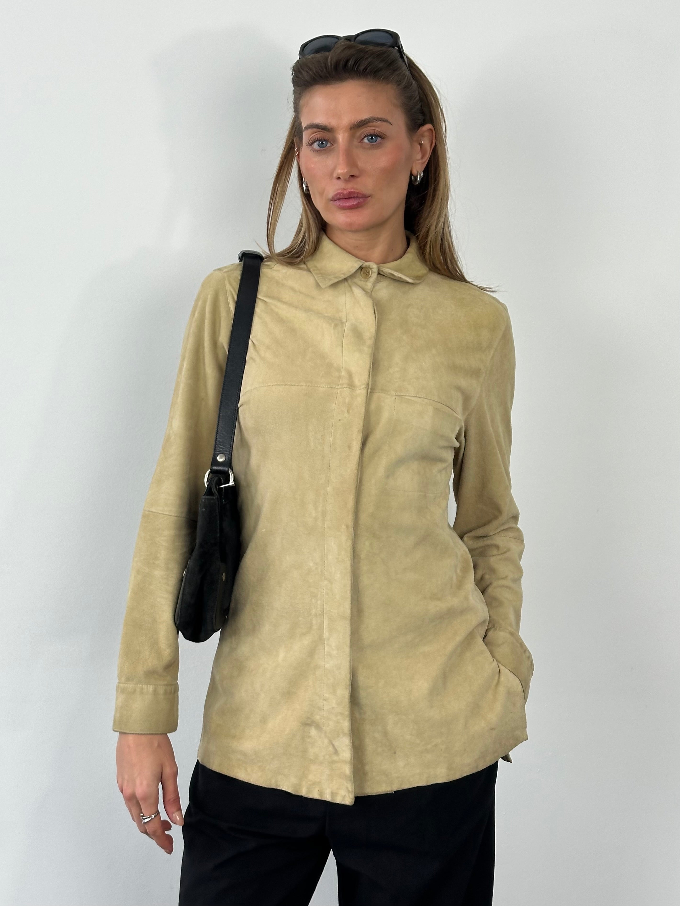 Marella 1990s suede minimal shirt in beige, featuring a classic collar and long sleeves, displayed flat against a white background.