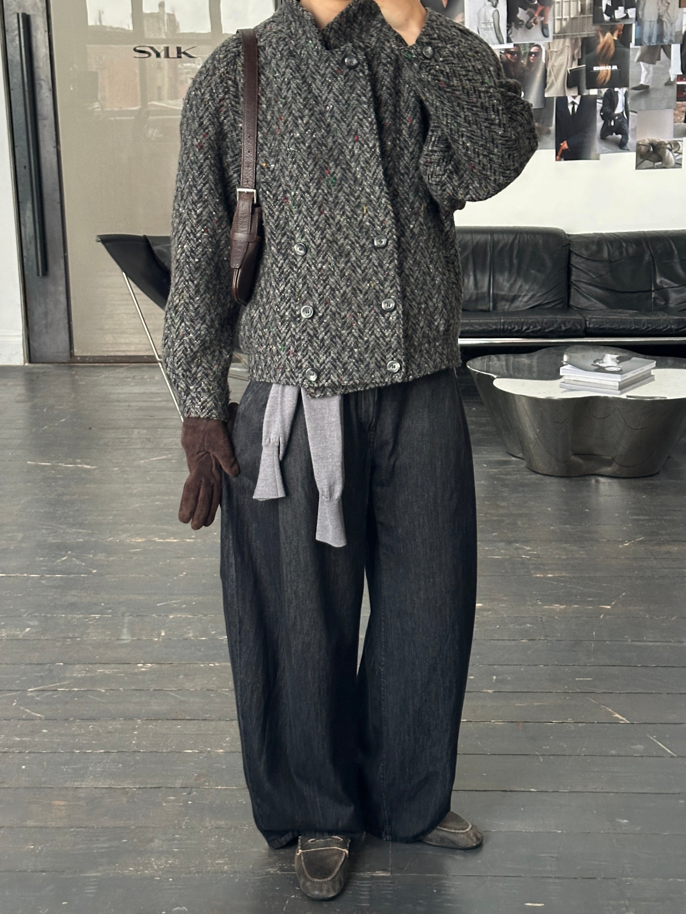 Vintage 1990s wool high neck bomber jacket, men's size M, featuring classic design and warm, textured fabric.