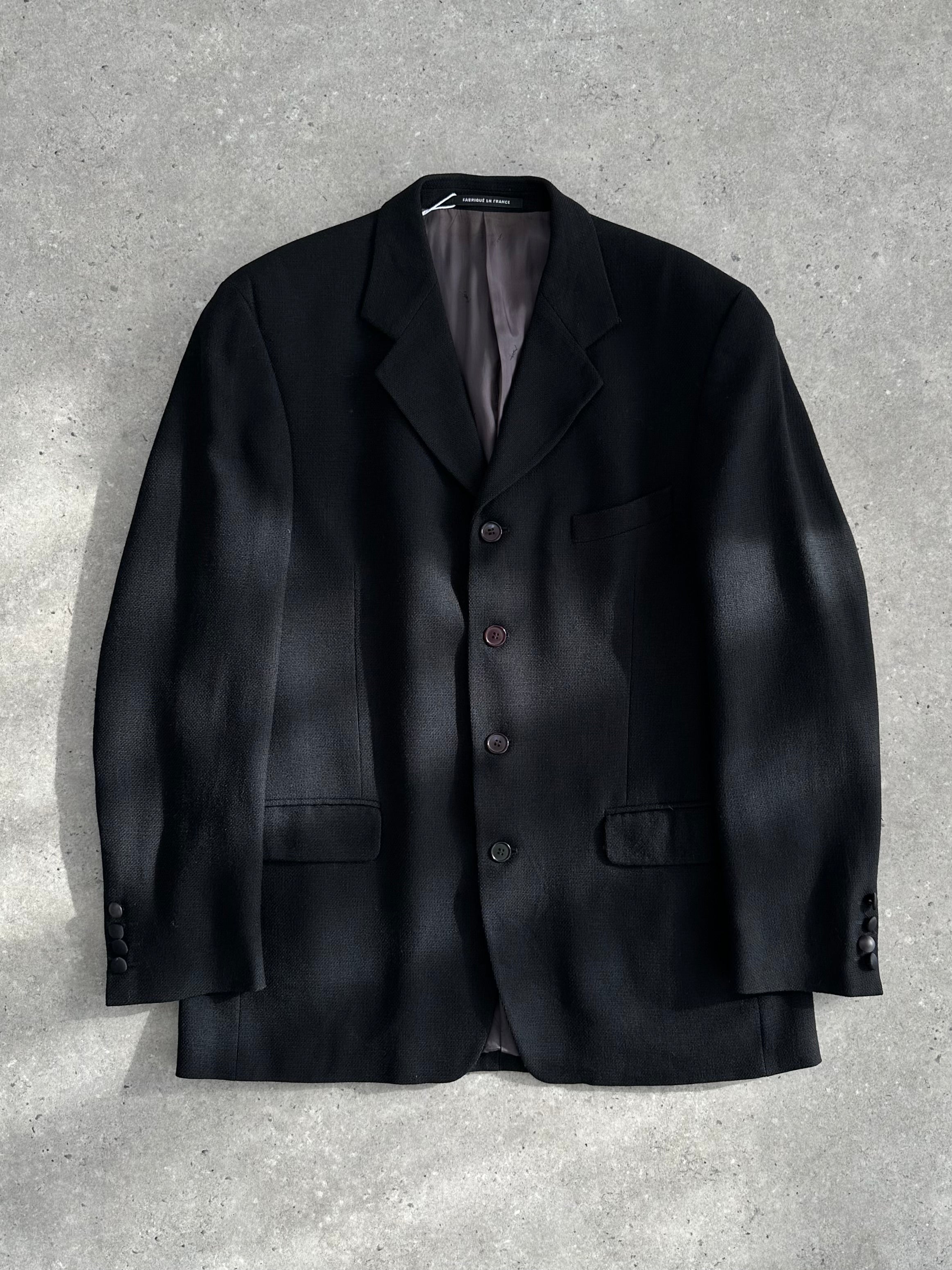 Yves Saint Laurent Pour Homme 1990s wool woven single-breasted blazer in size 42R/L, featuring classic tailoring and textured fabric.