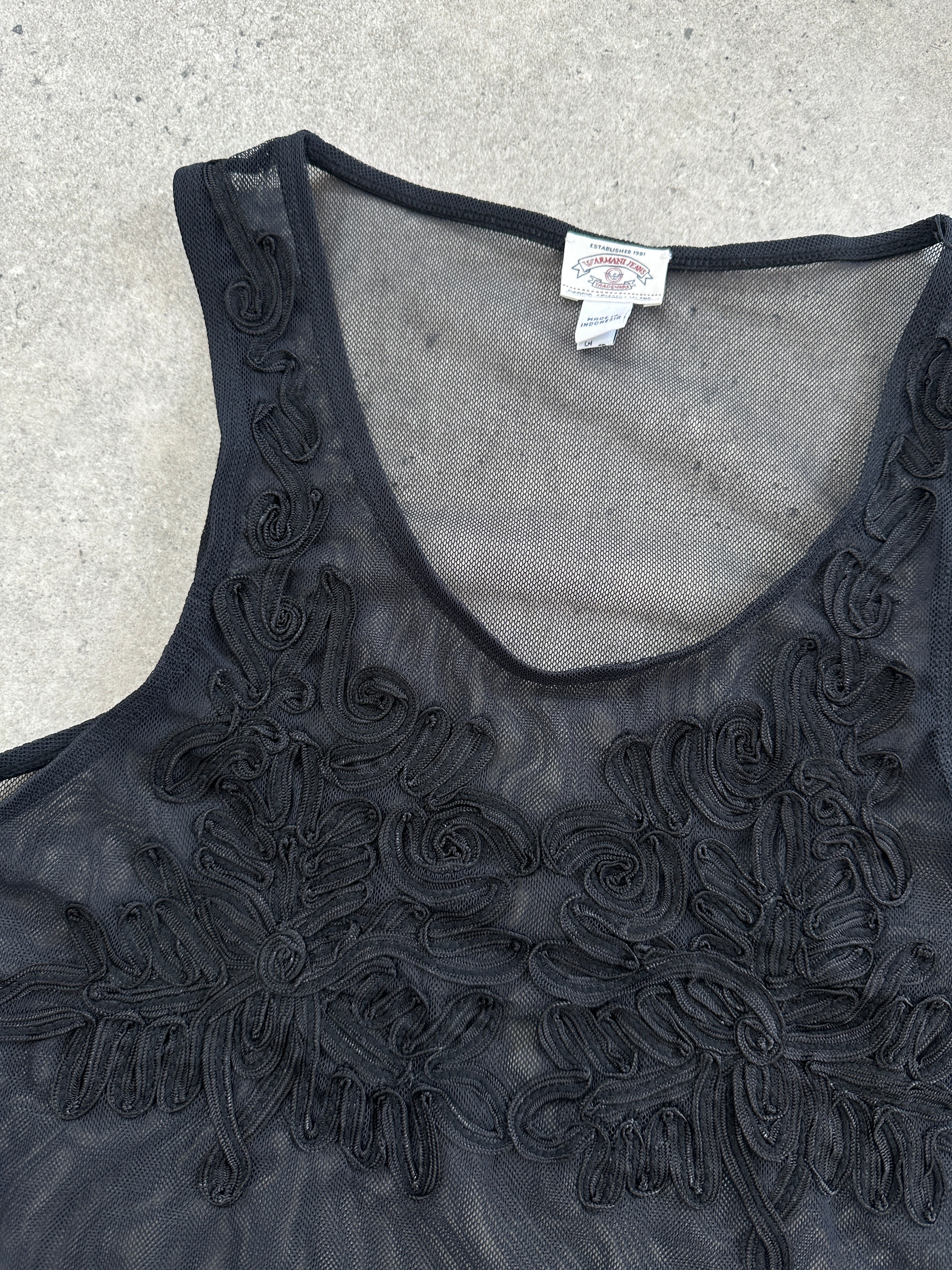 Armani Jeans sheer appliqué vest top in size S, featuring lightweight fabric and decorative appliqué details.