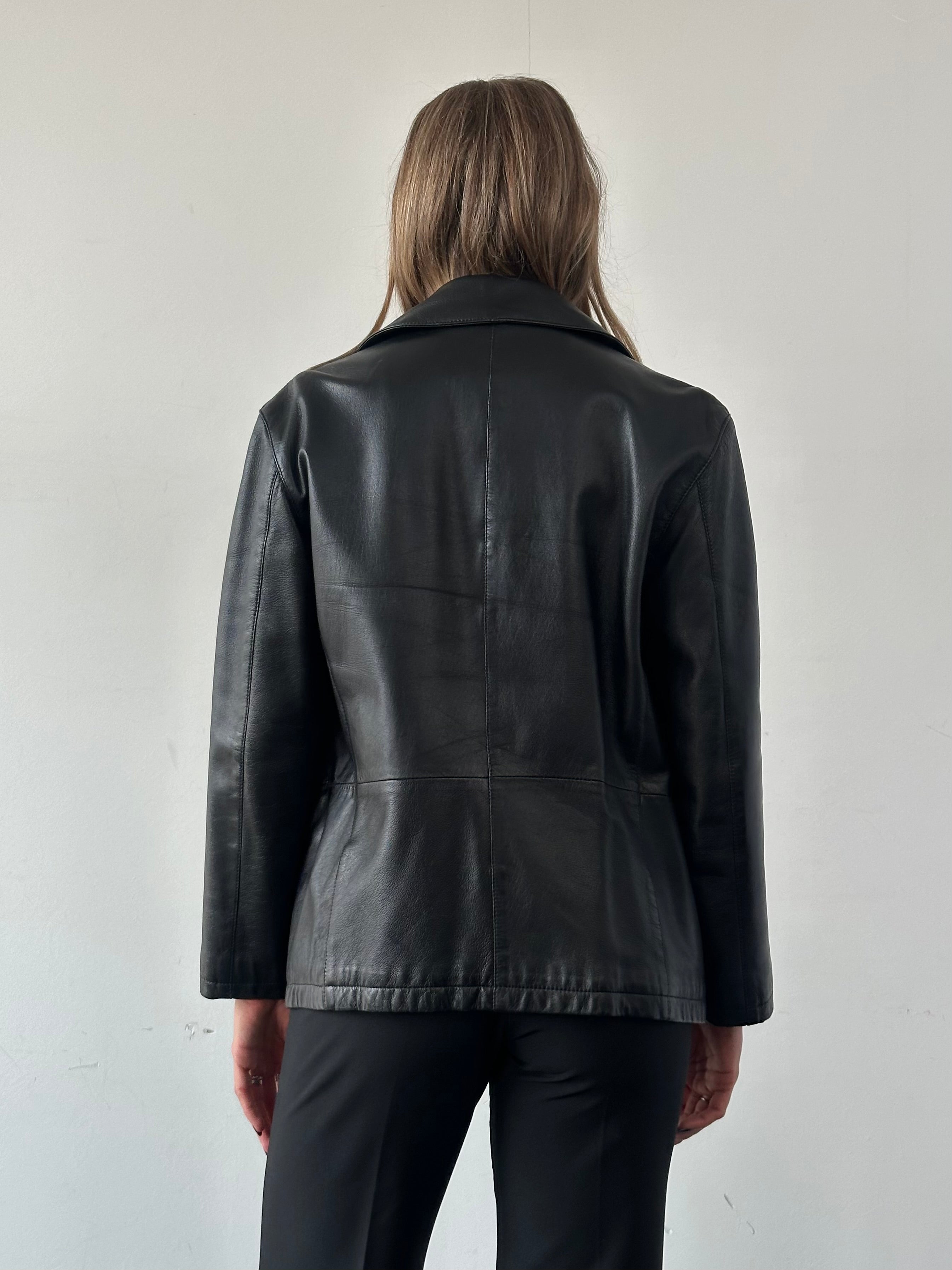 Armani Jeans black leather button-up jacket for men, featuring a sleek design and fitted style.
