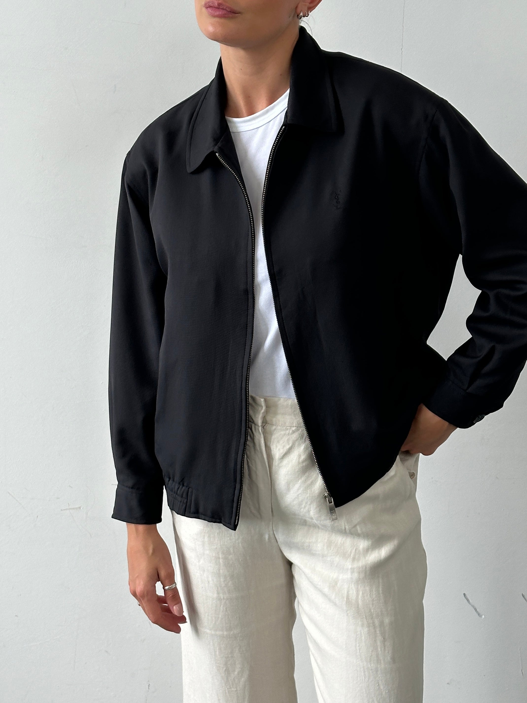 Yves Saint Laurent Pour Homme logo bomber jacket in size M, featuring a sleek design and prominent YSL branding on the front.