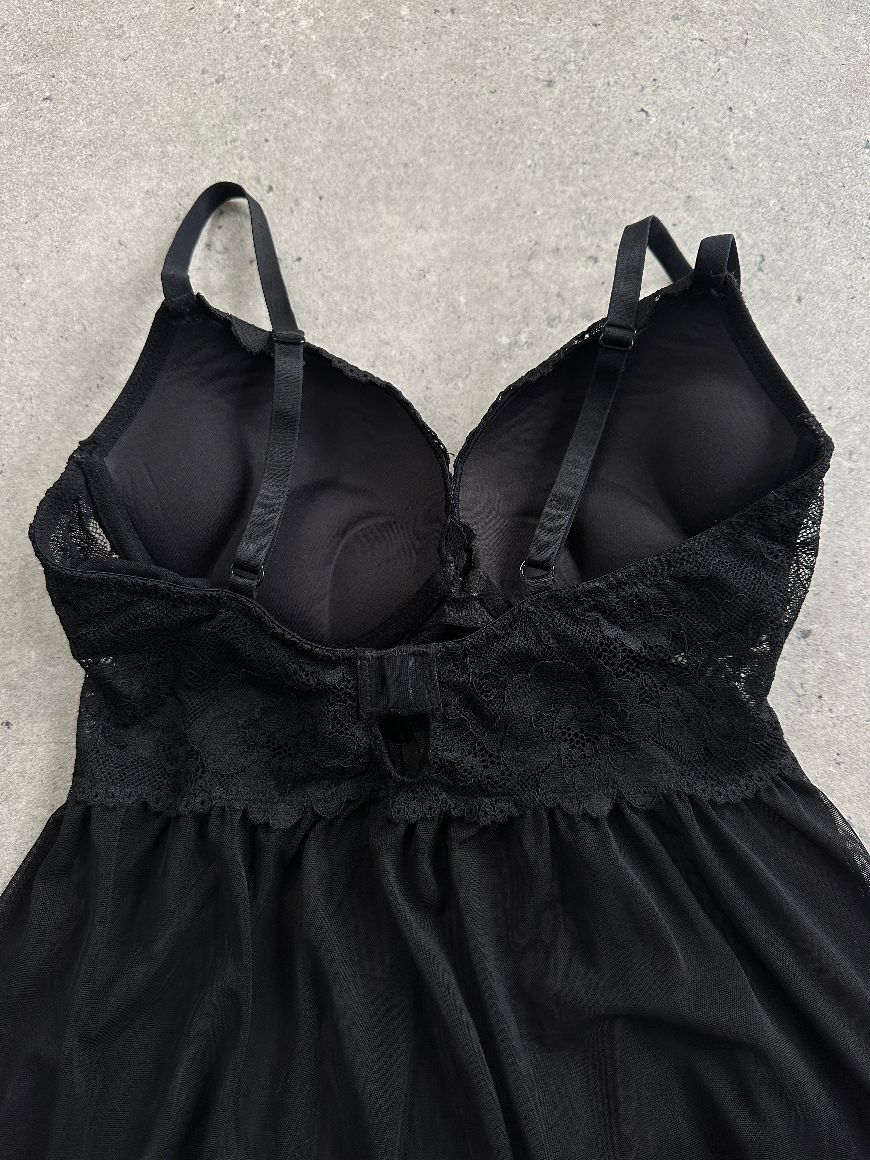 Vintage 2000s sheer lace pushup cami top in black, featuring delicate floral lace and adjustable straps.