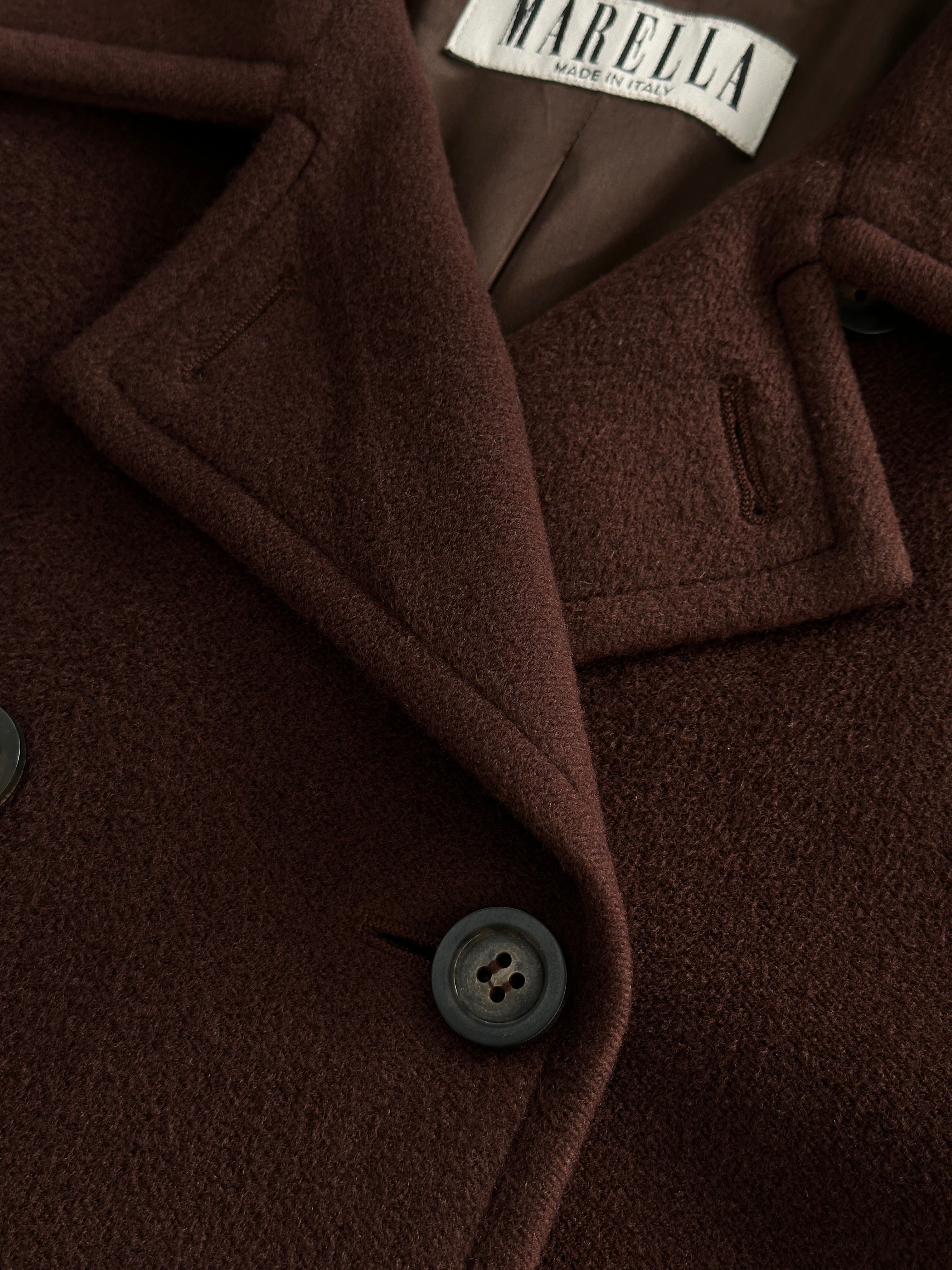 Marella wool cashmere double-breasted coat in size L, beige color, with classic lapels and button details, displayed on a hanger.