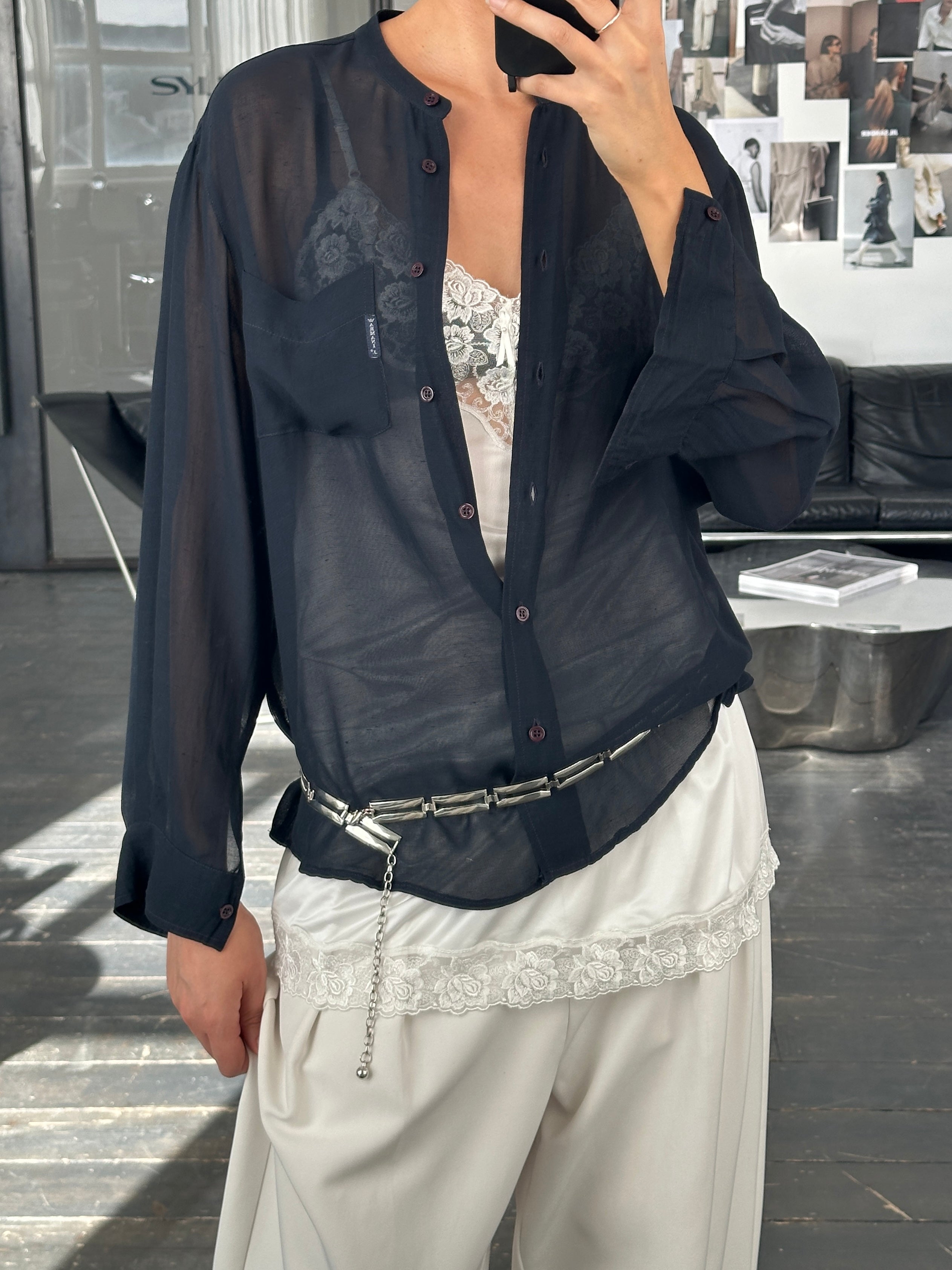 Armani Jeans 1990s sheer shirt in size M, lightweight and transparent with long sleeves, classic design, and subtle branding.