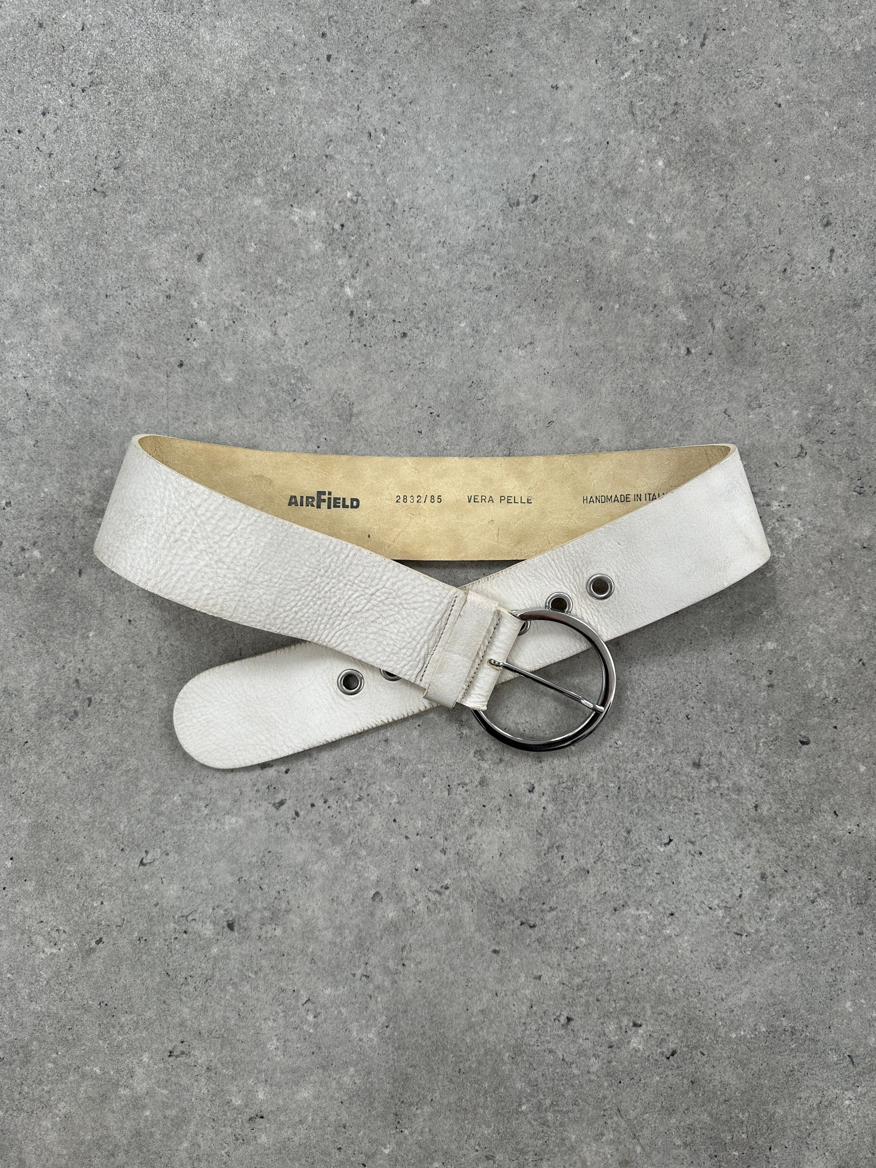 Vintage Italian 1990s chrome chunky leather belt, 28-32 inches, with bold metal buckle and distressed finish.
