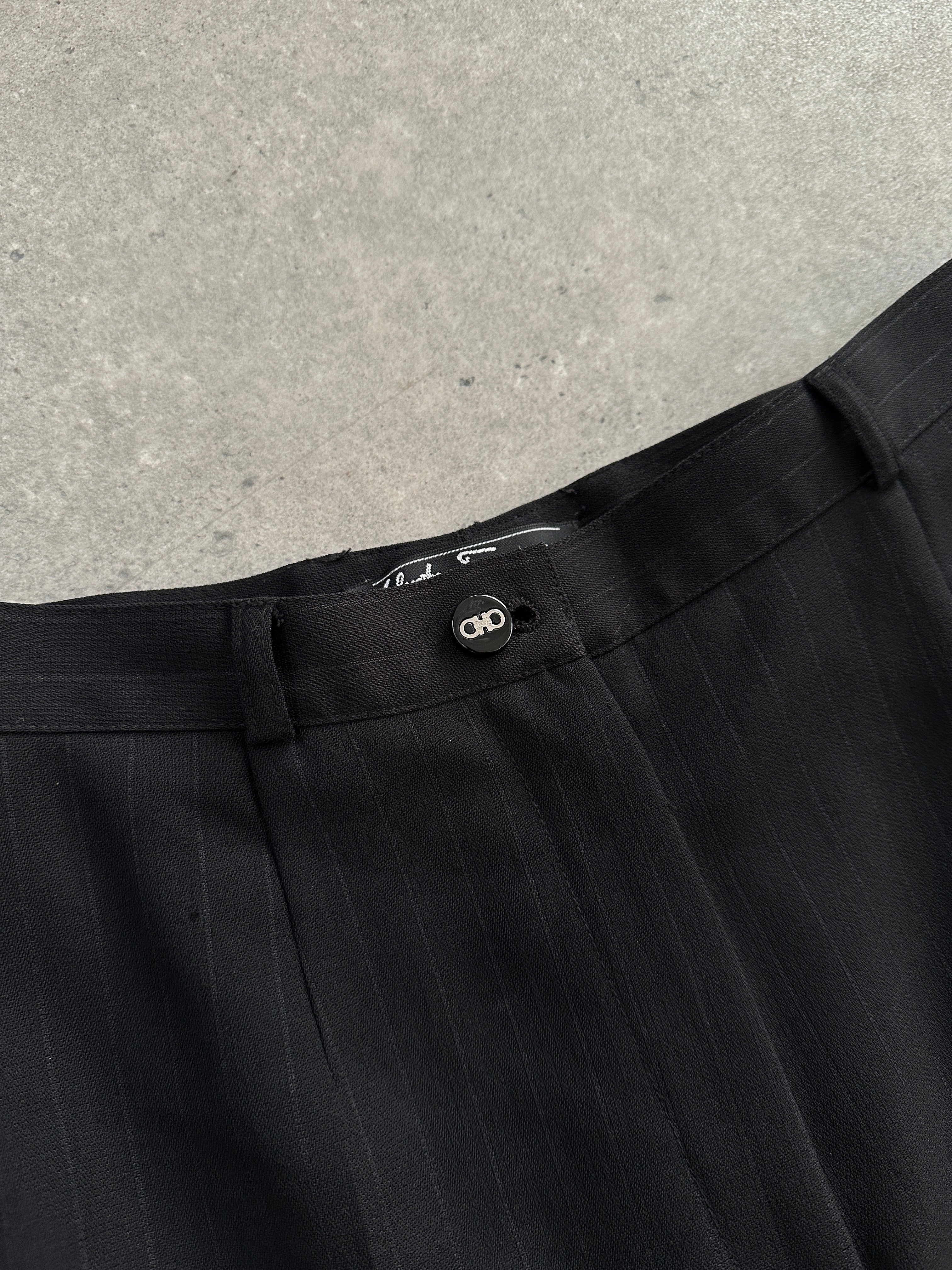 Salvatore Ferragamo wool stripe high-waisted tailored trousers in classic pattern, front view showing fit and fabric details.