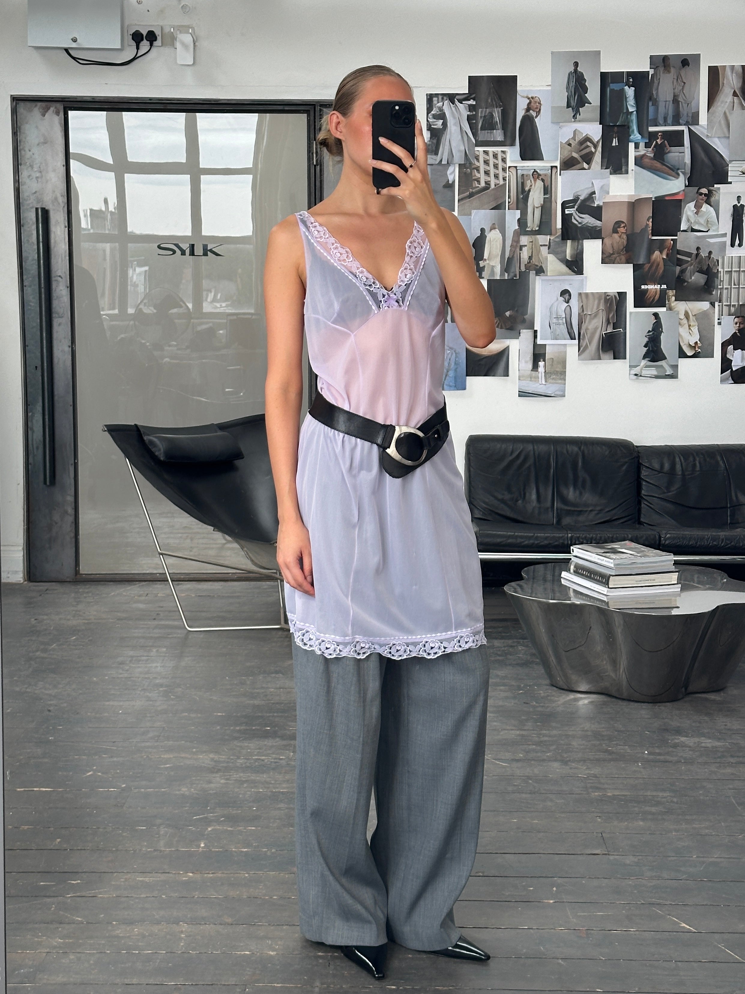 Vintage 2000s lace sheer midi slip dress in size L, featuring delicate lace fabric and elegant design.