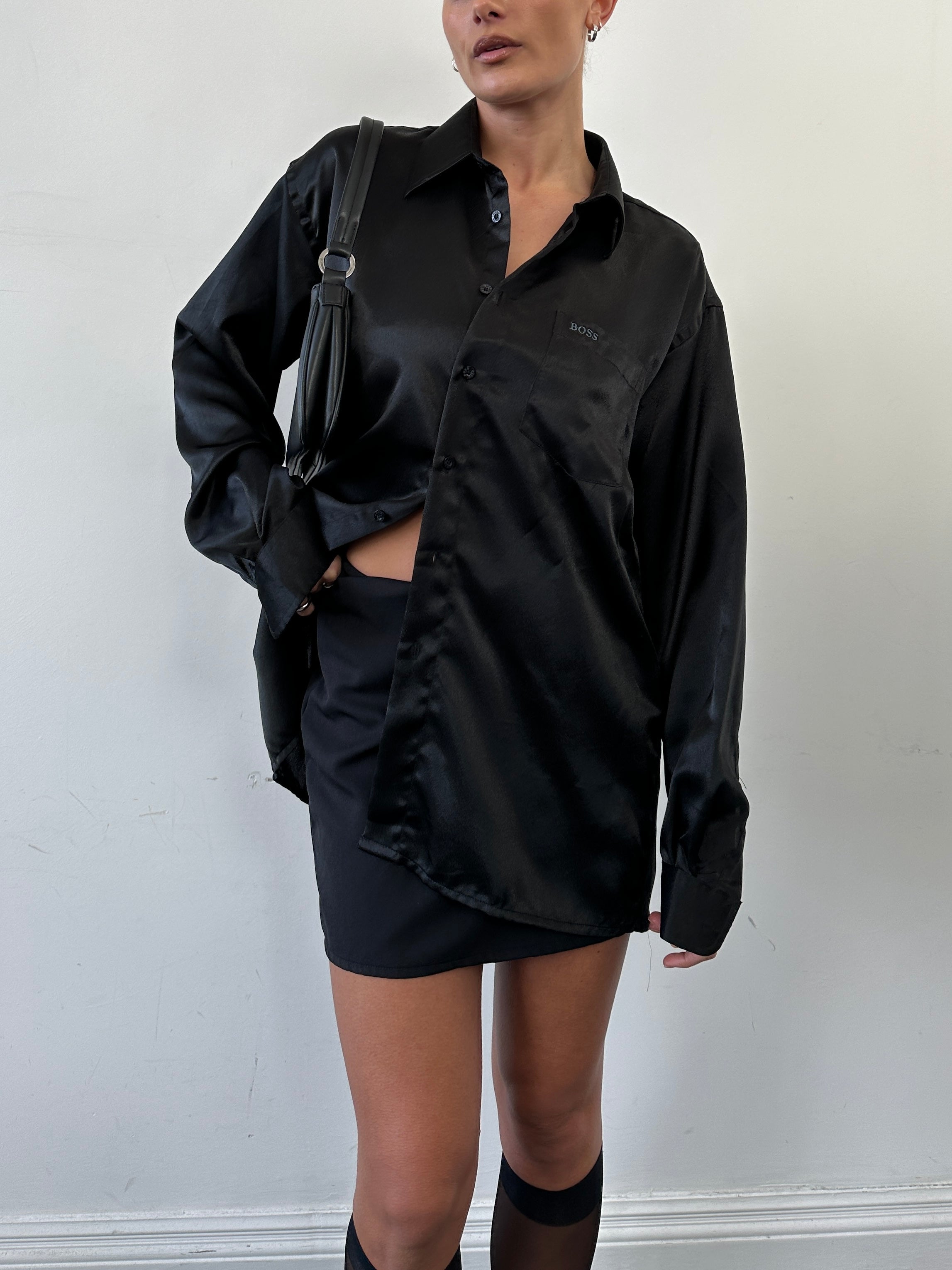 Hugo Boss satin logo shirt in XL, featuring a sleek satin fabric and the brand's signature logo detail visible on the front.