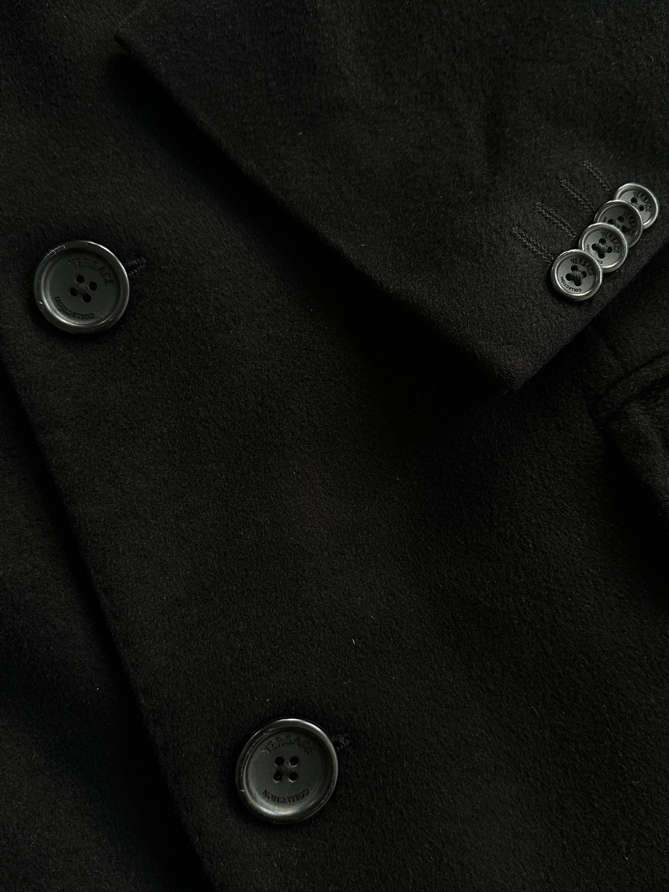 Versace Collection wool cashmere single-breasted coat in XL, shown in dark fabric, featuring classic lapel and tailored design.