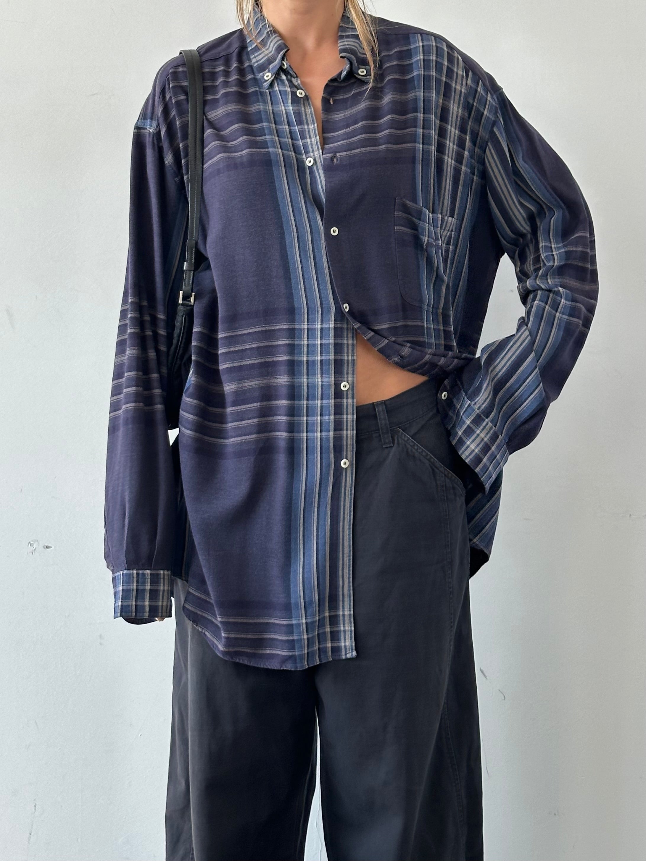 Armani Jeans oversized 90s check flannel logo shirt in XXL displayed, featuring bold red, black, and white plaid pattern.