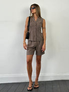 Vintage Silk Linen Waistcoat Shorts Two Piece Suit Set - S W26 - SYLK