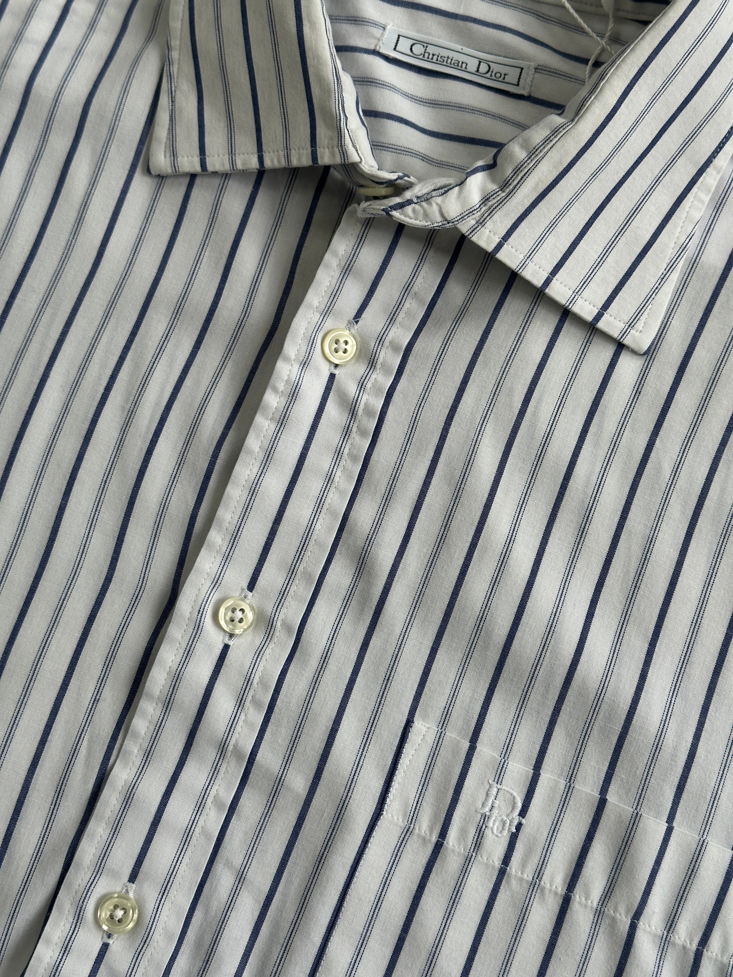 Christian Dior Monsieur cotton stripe logo shirt in size L/XL, featuring classic striped design and Dior branding.