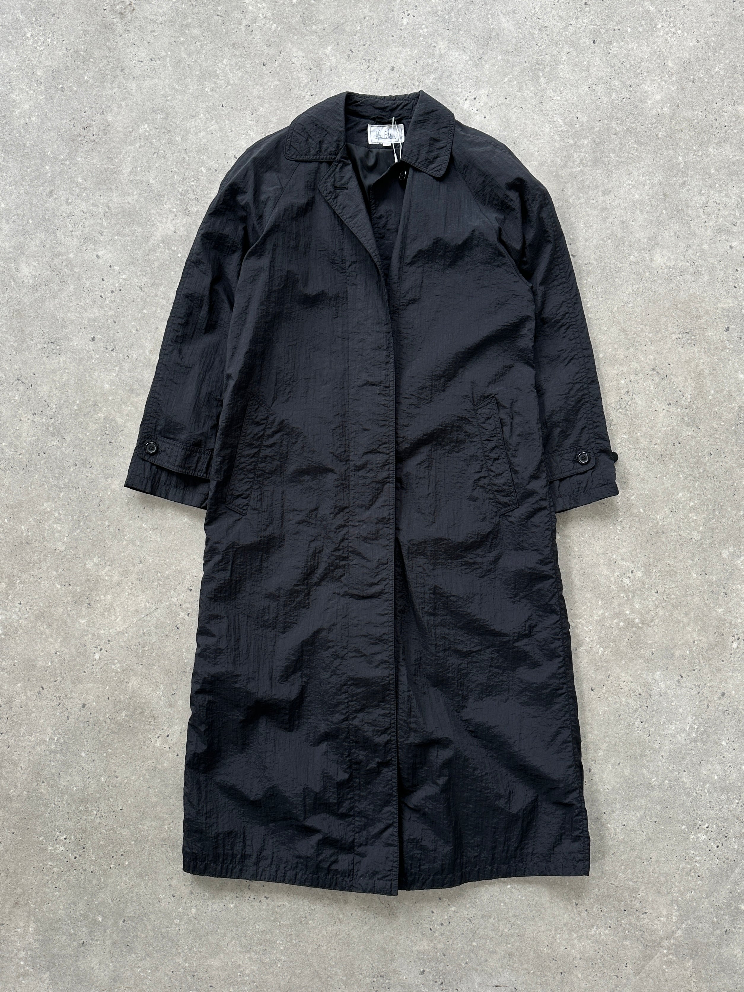 Vintage nylon trench coat with concealed placket, lightweight and stylish, size small, classic design in a vintage fashion style.