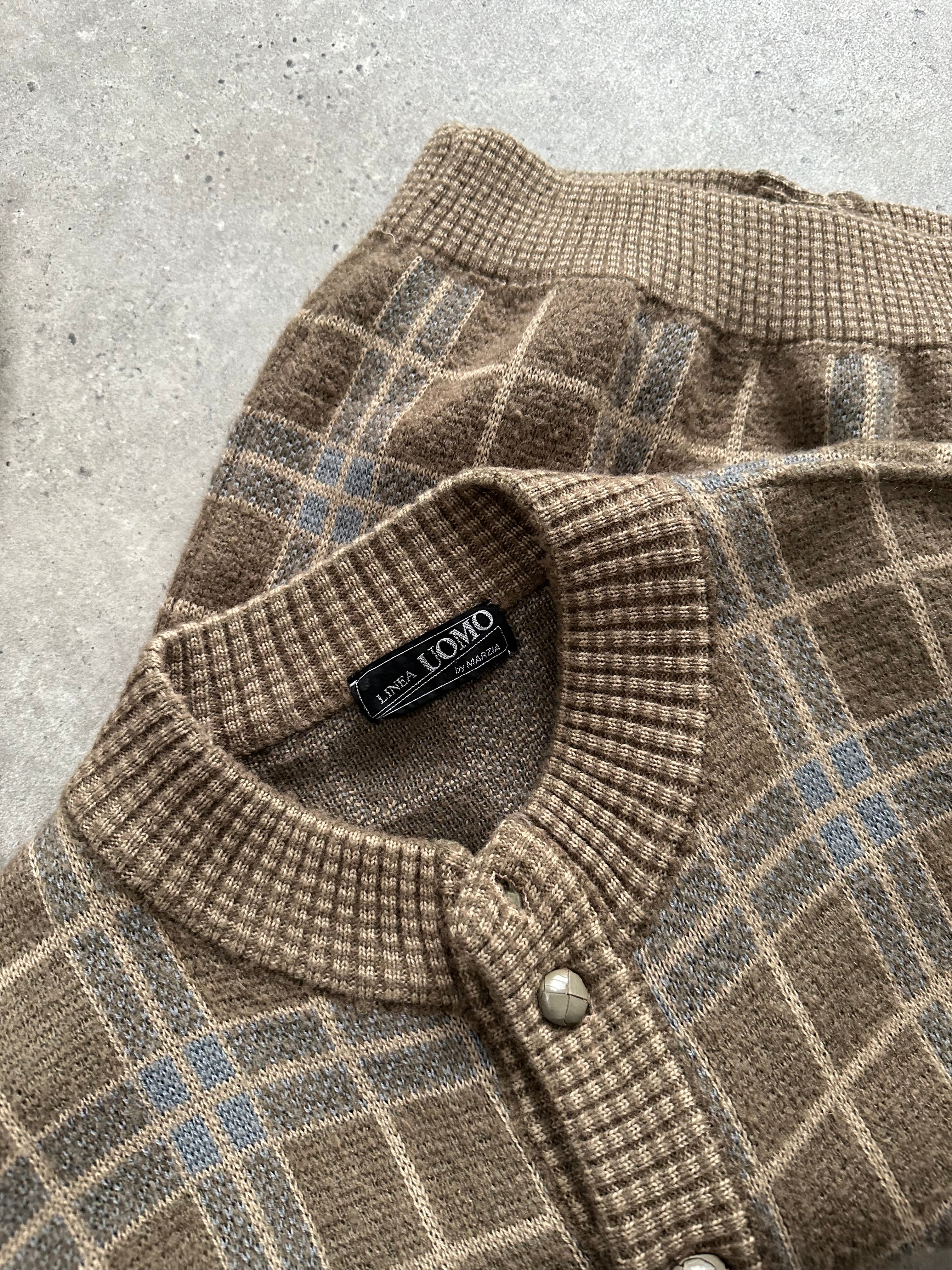 Vintage 1990s Italian wool check cardigan in XL, featuring classic plaid pattern and cozy knit texture.