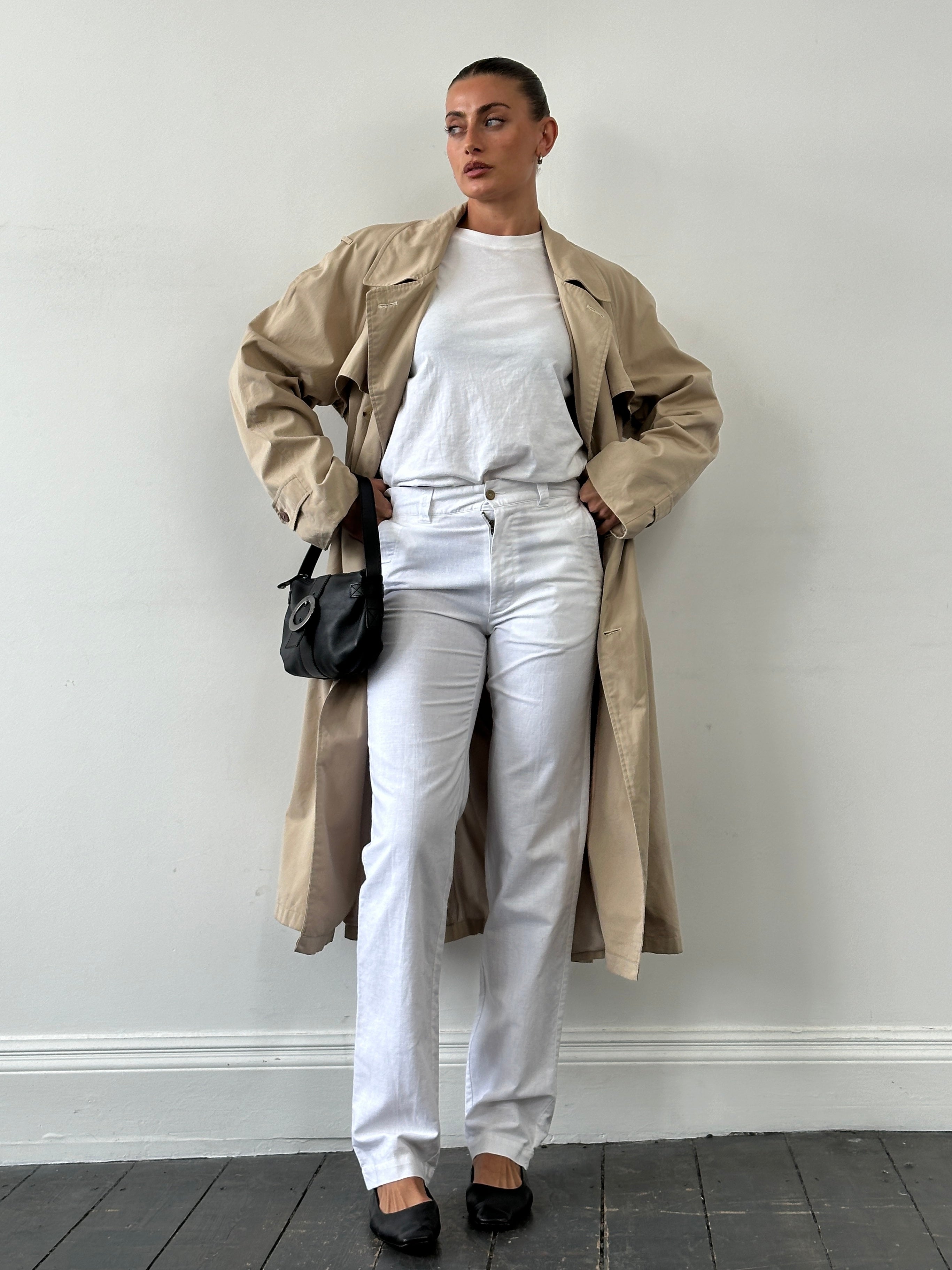 Marlboro Classics linen cotton high-waisted straight-leg trousers in size W28, displayed on a neutral background.