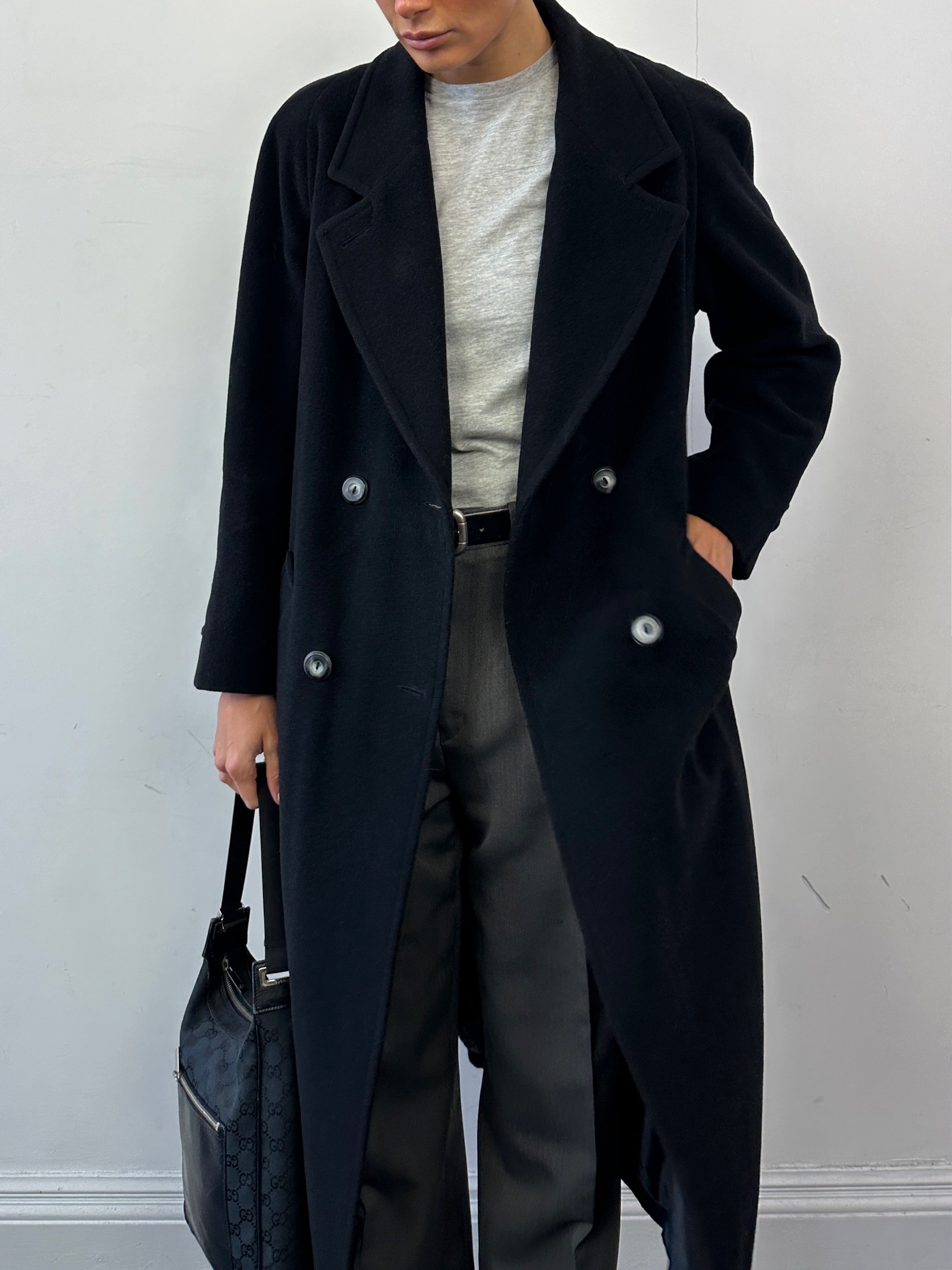 Vintage wool cashmere double-breasted coat in size small, featuring classic design and textured fabric.