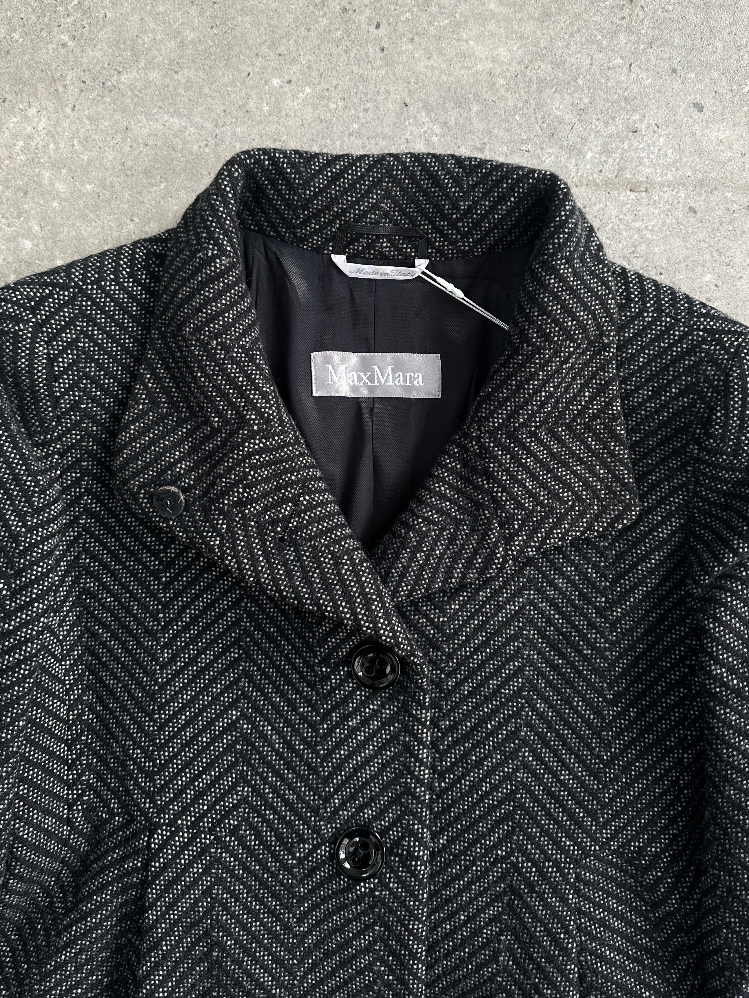 Max Mara wool and cashmere herringbone single-breasted coat in S/M size, shown in a classic tailored style.