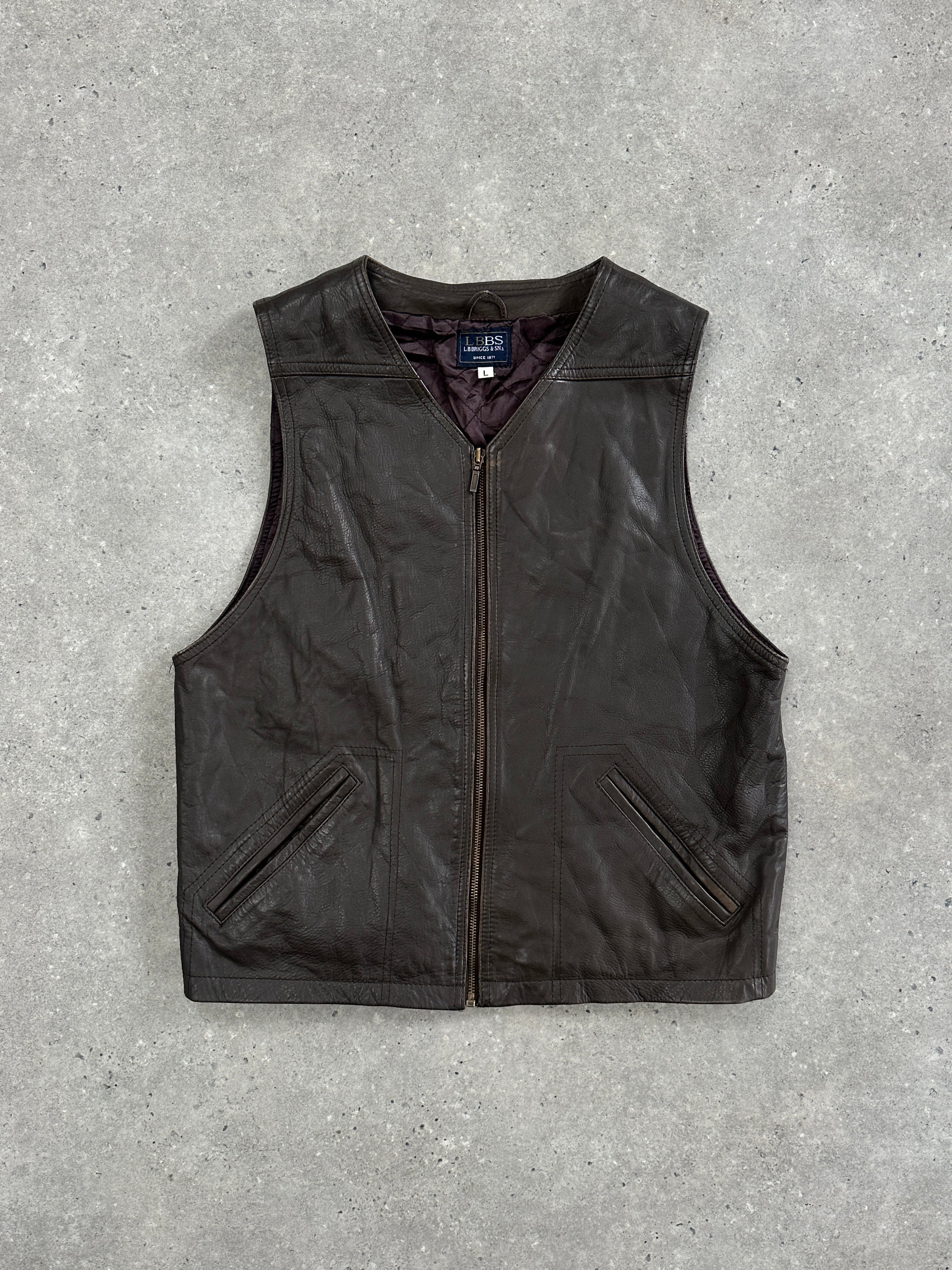 Vintage 1990s leather waistcoat with front zip, size large, featuring classic design and textured leather material.