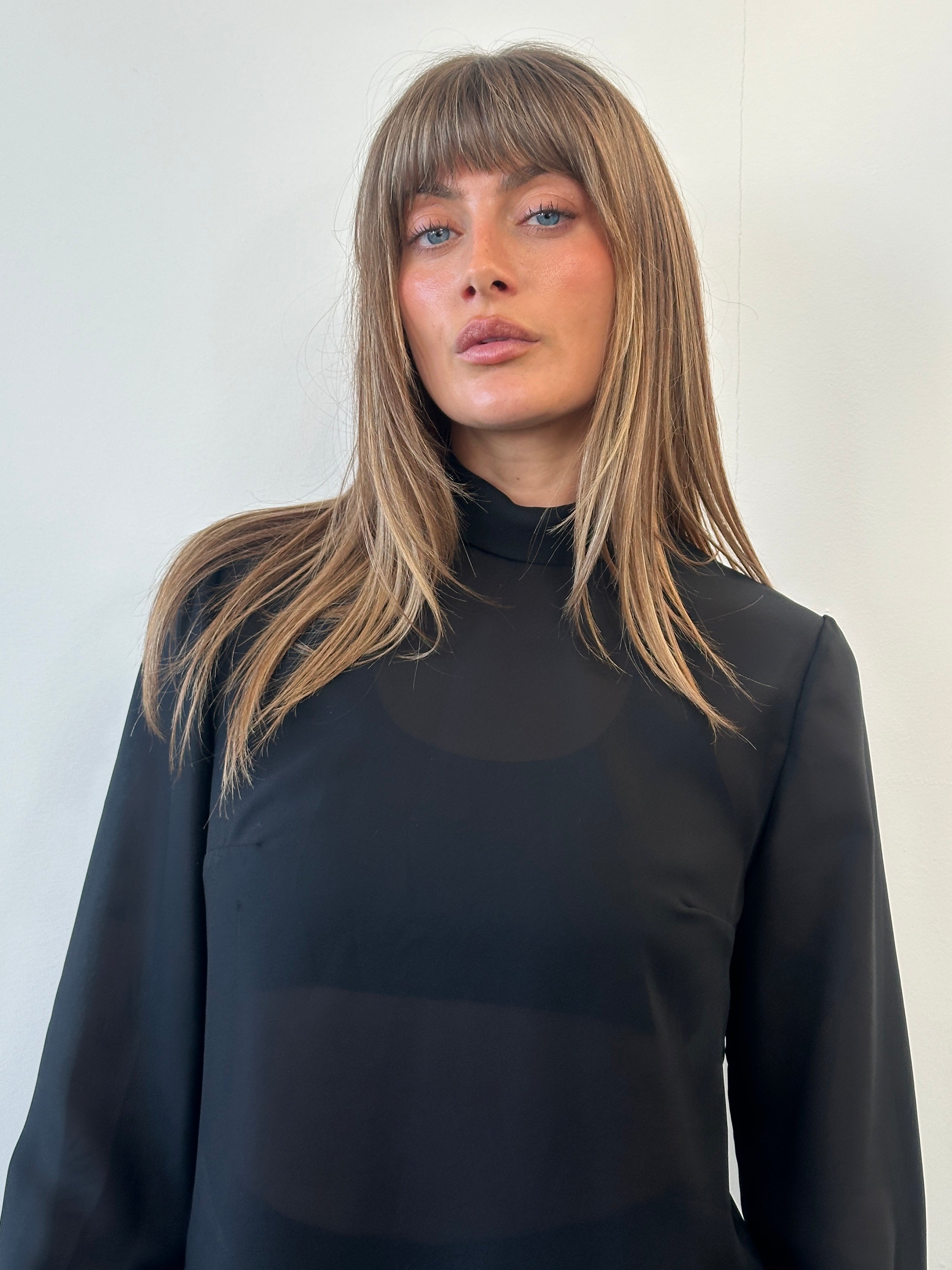 Vintage 1990s sheer stripe panel shirt in size M, lightweight and stylish with see-through fabric and contrasting stripe details.