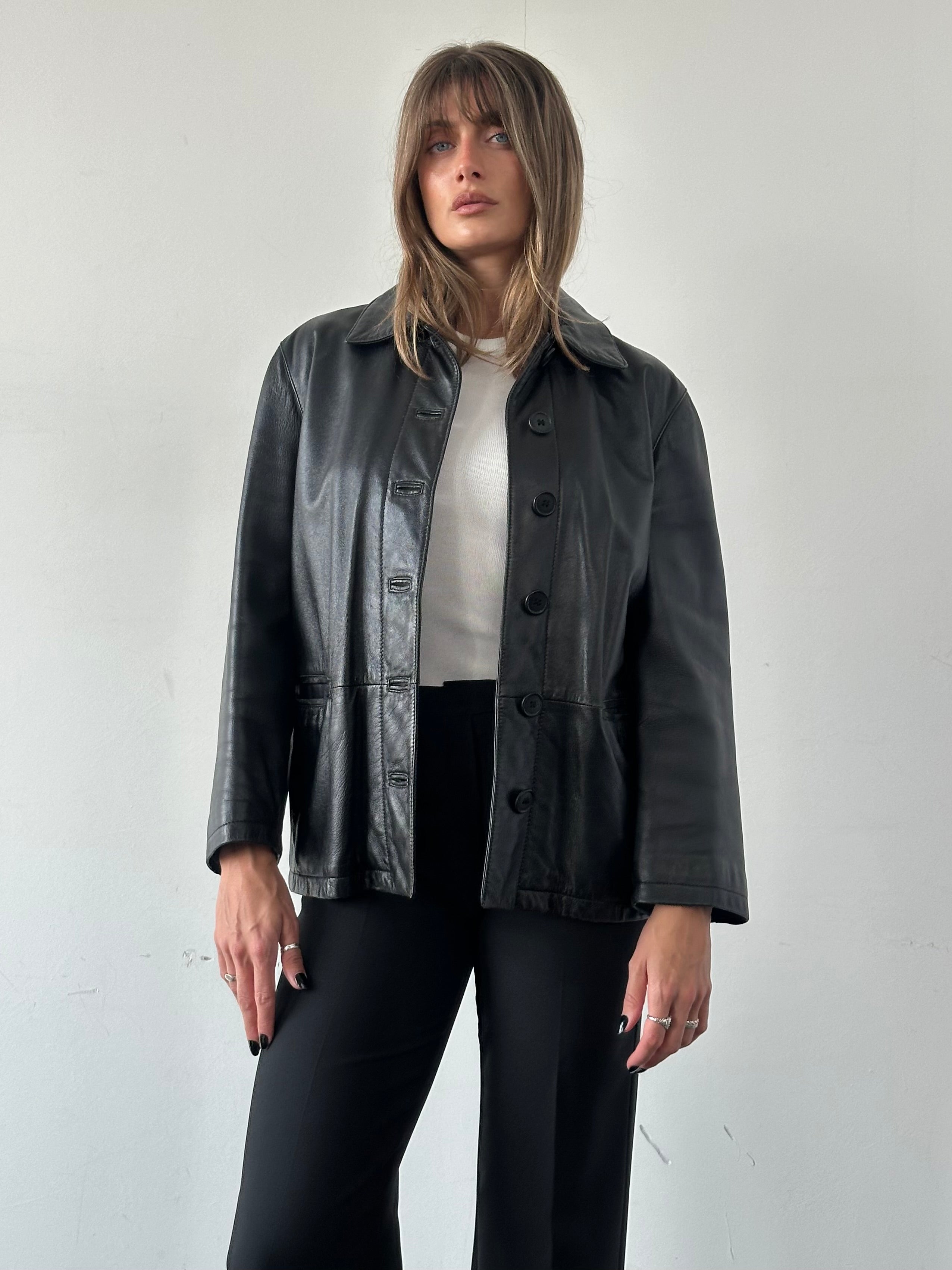 Armani Jeans black leather button-up jacket for men, featuring a sleek design and classic collar.