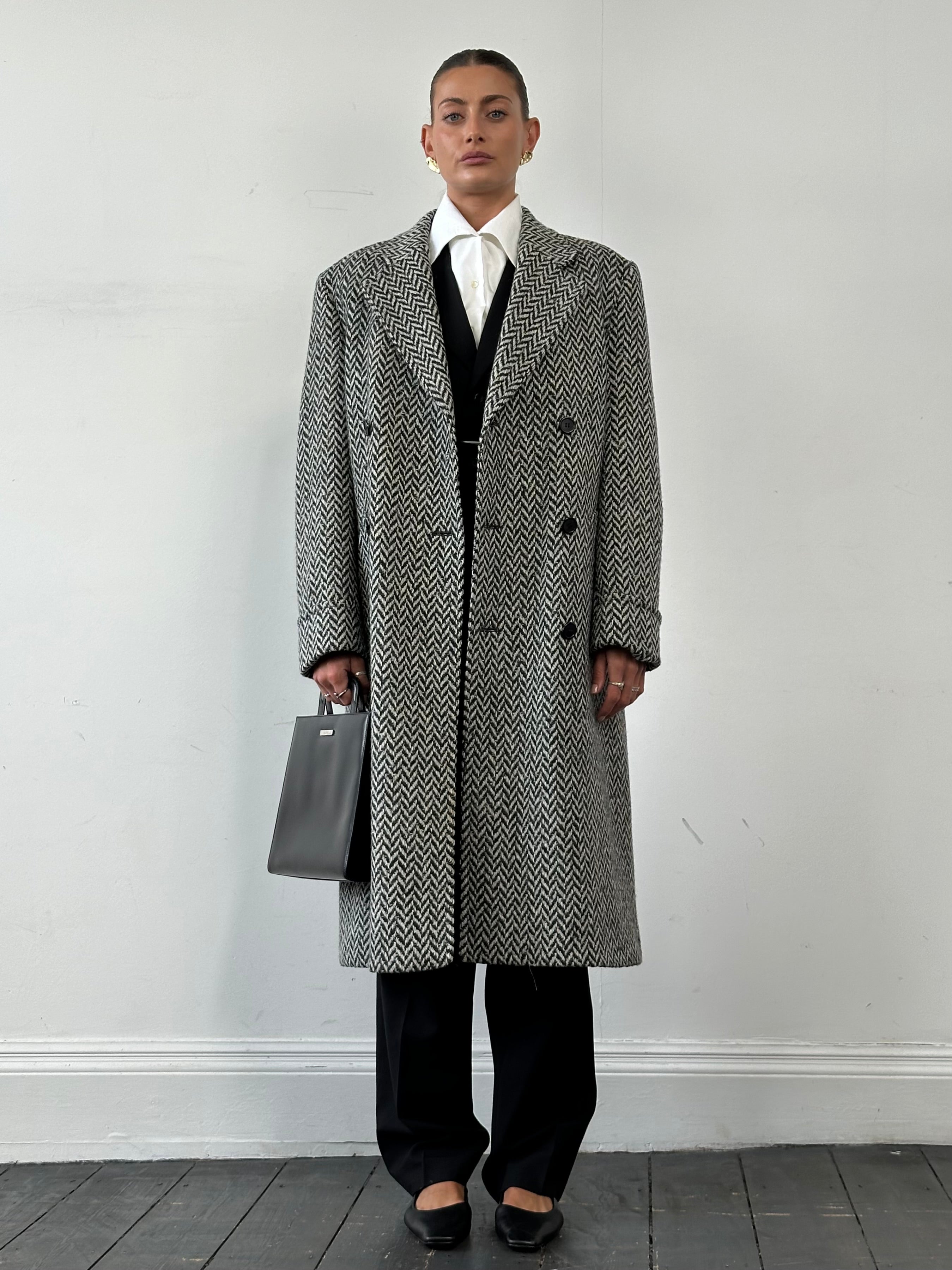 Pierre Cardin pure wool herringbone belted coat in XL, showcasing the tailored design and classic pattern on a neutral background.