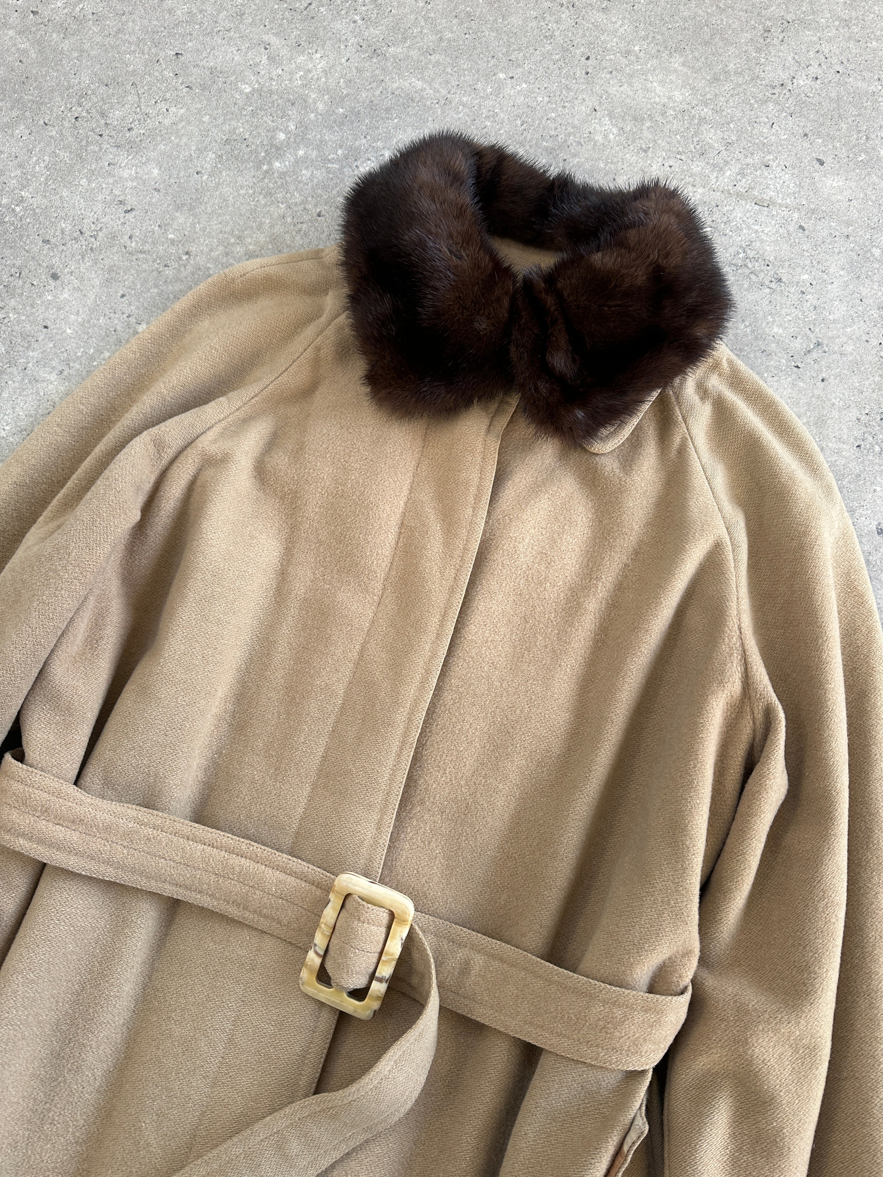 Vintage 1980s wool double-faced fur collar belted coat in size small, showcasing classic design and warm, textured fabric.