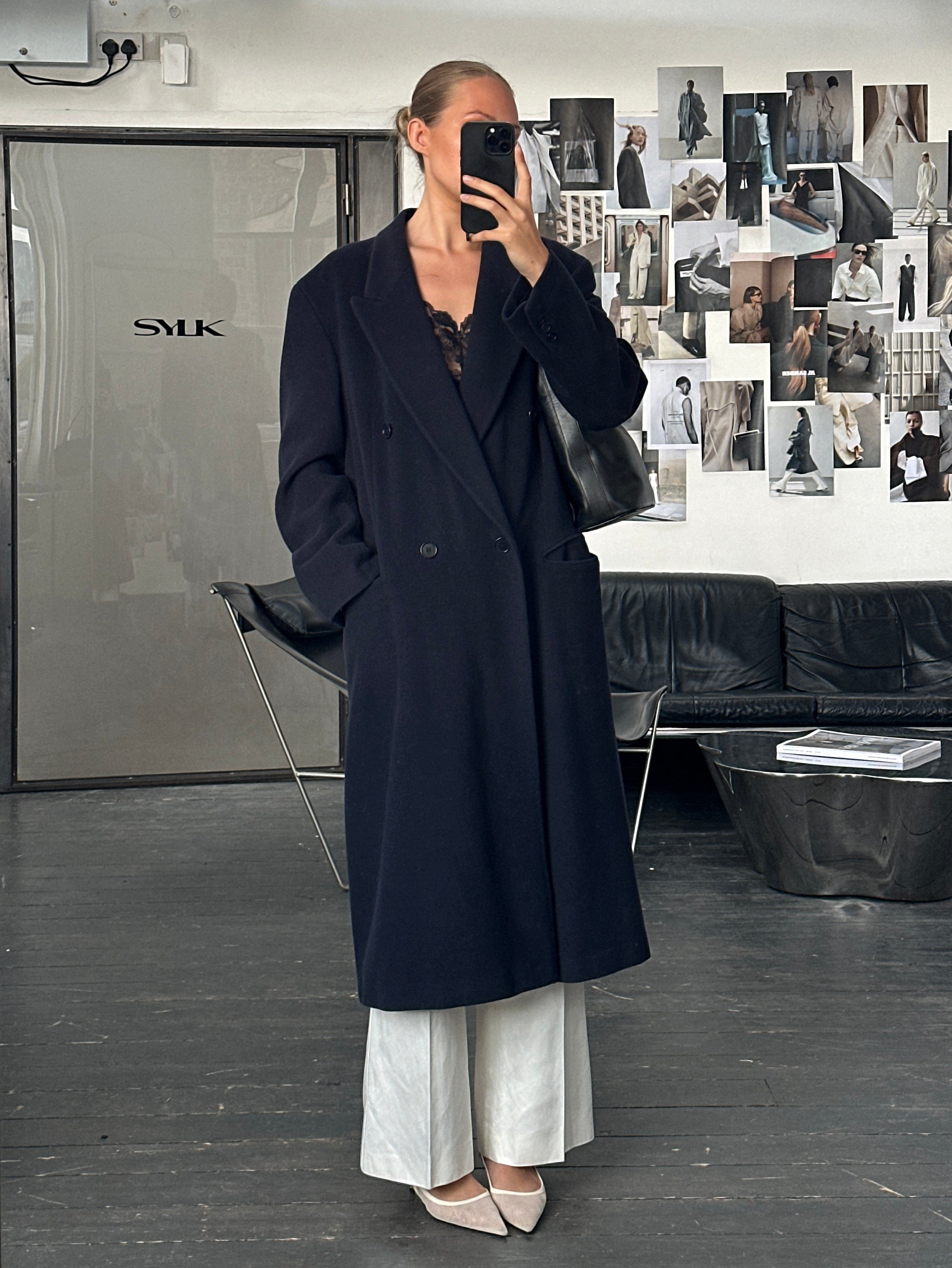 Emporio Armani 1990s wool cashmere double-breasted coat in size L/XL, tailored fit with classic design and button details.