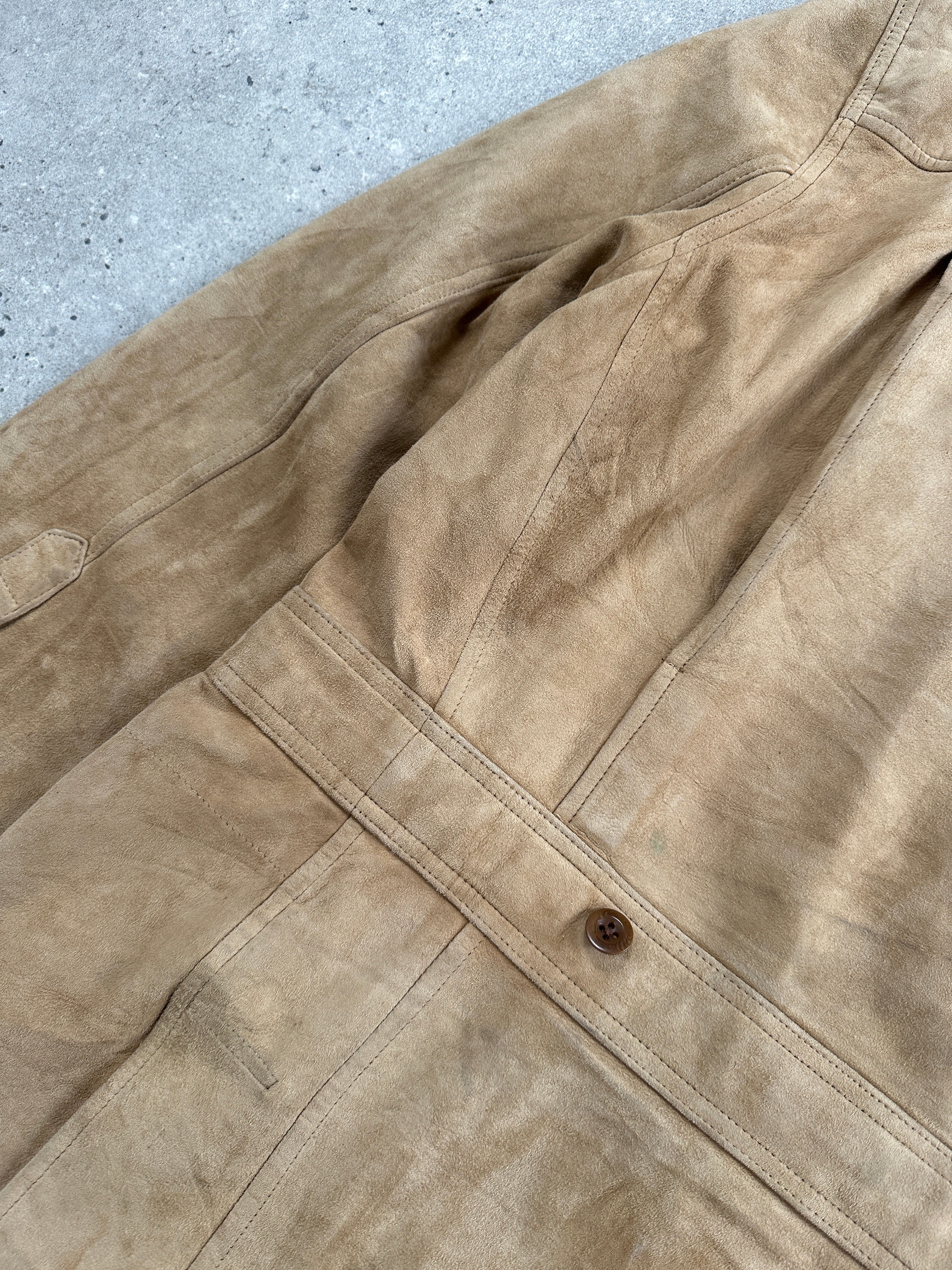 Ralph Lauren Polo 2000s safari suede jacket in XL, shown on a hanger with front view and classic design details.