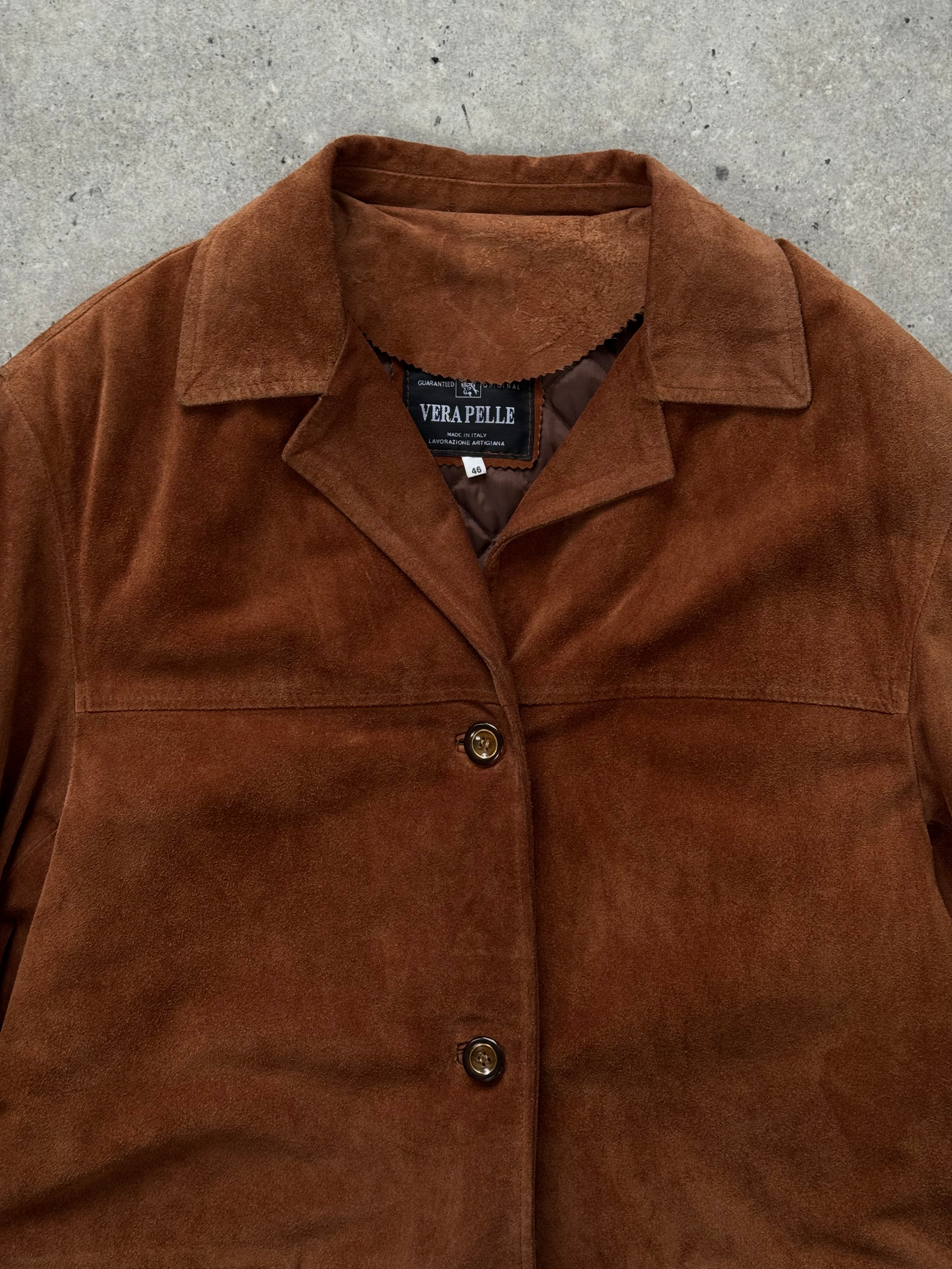 Italian vintage 1990s suede leather jacket in size large, featuring classic design and soft textured suede.