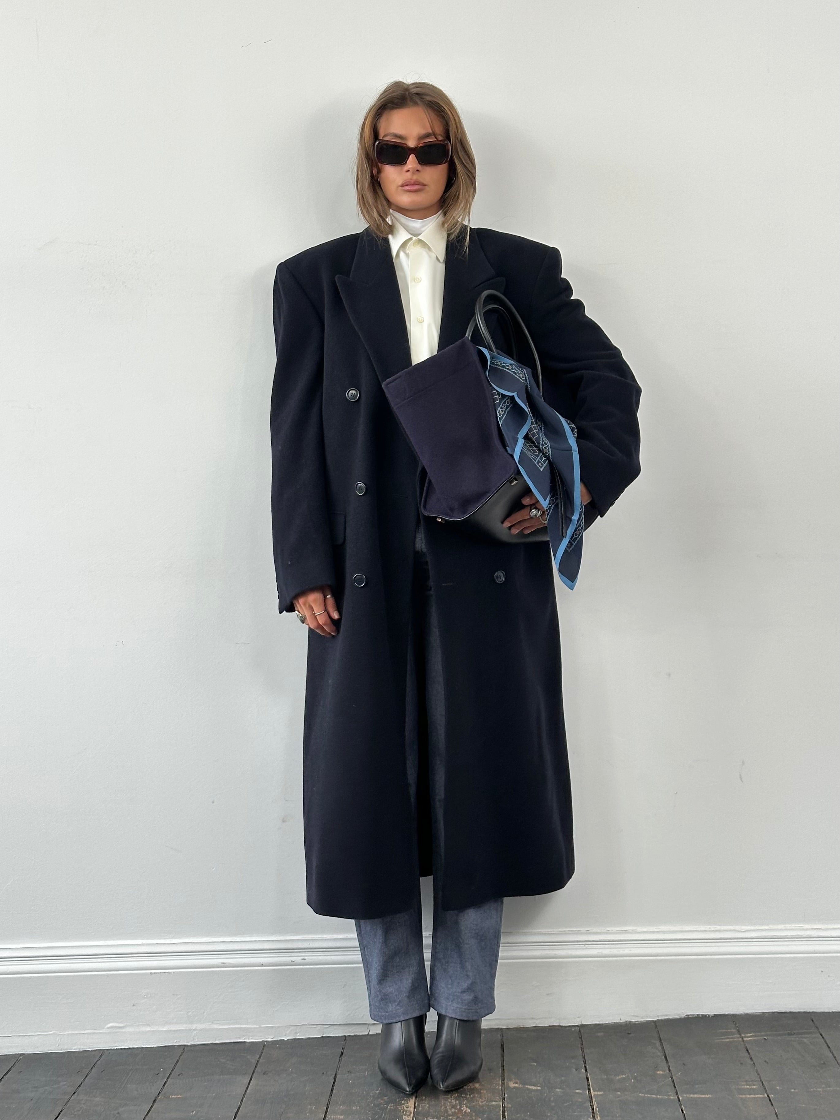 Pierre Cardin 1990s wool cashmere double-breasted floor-length coat in XL, featuring classic design and tailored fit.