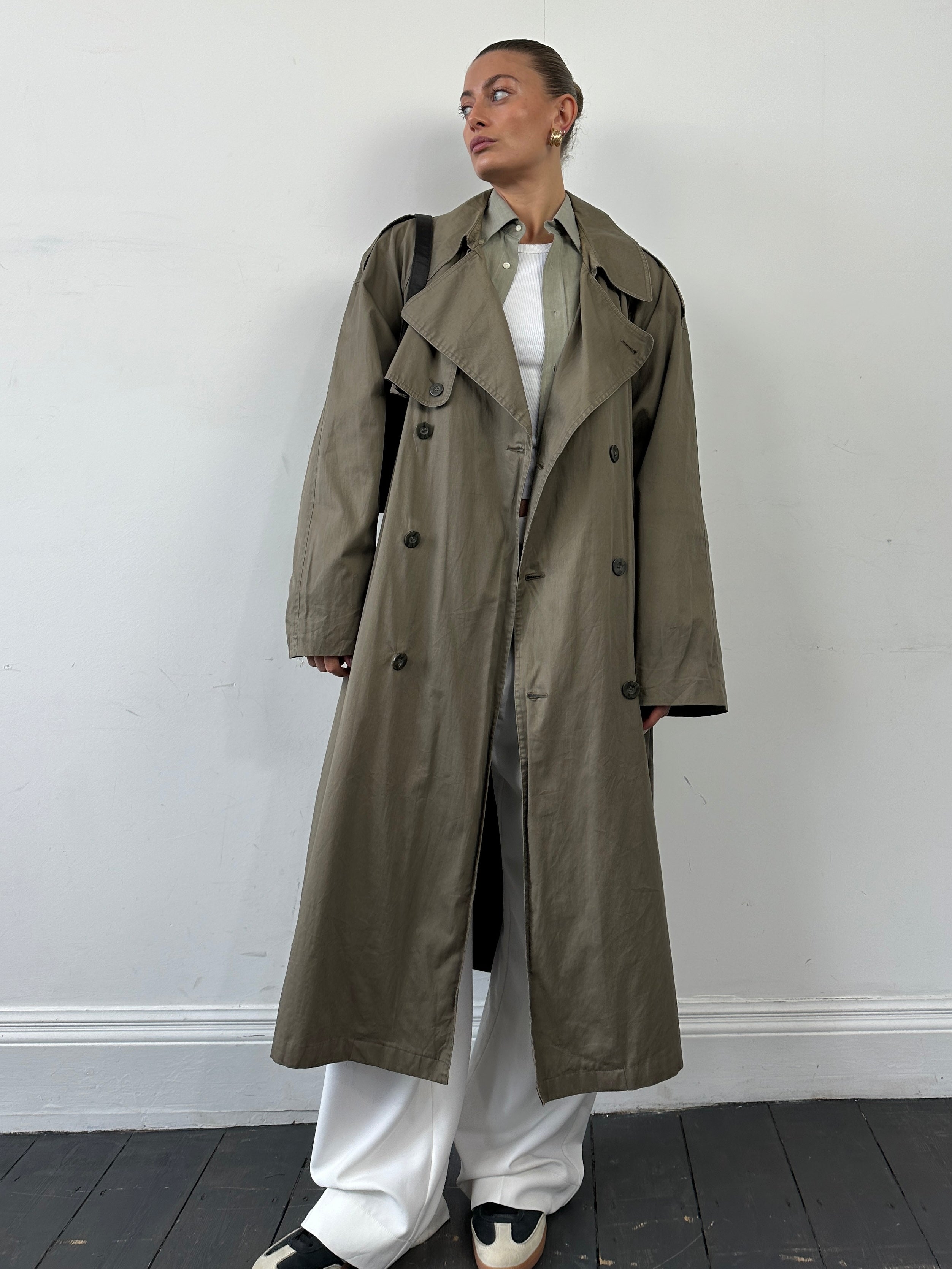 Yves Saint Laurent men's double-breasted cotton trench coat with belt, XXL size, in classic style, shown from front view.