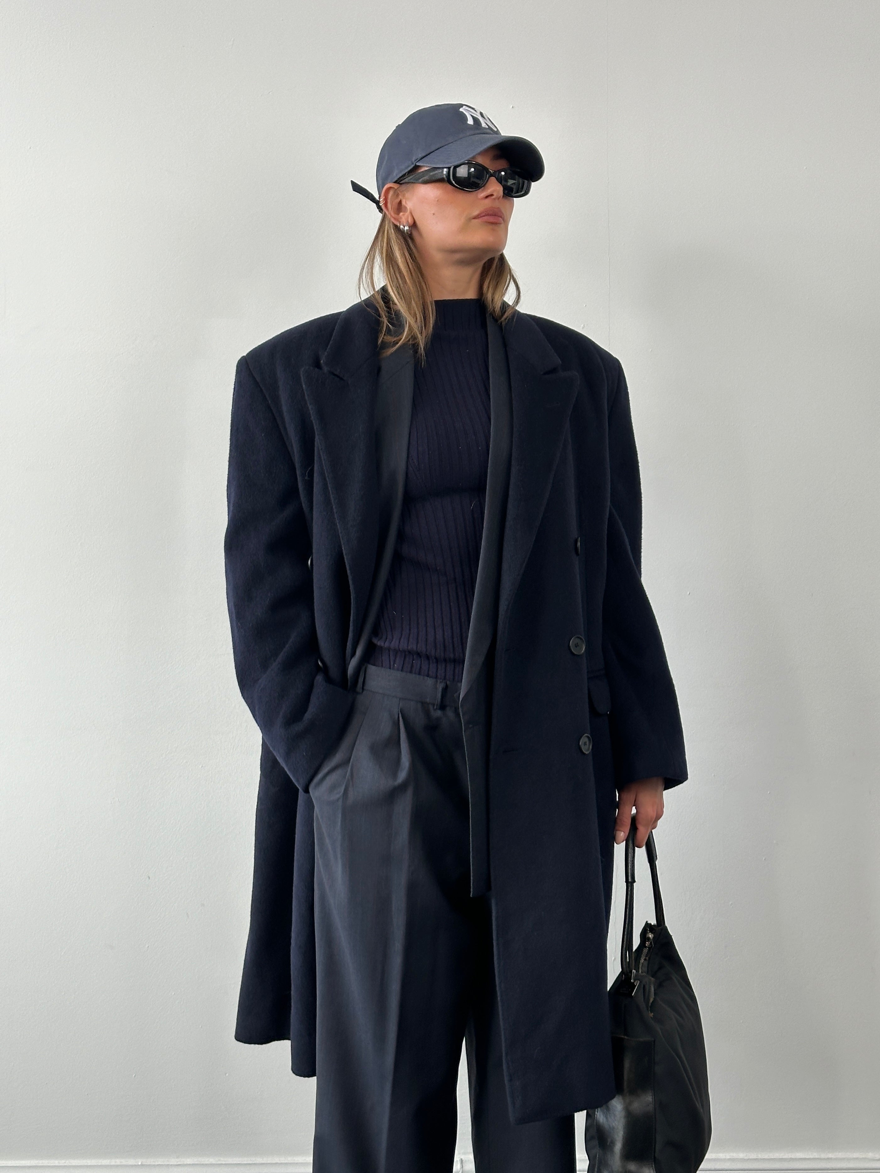 Vintage Italian 1990s wool double-breasted high-neck coat in XL/XXL with classic design and textured fabric.
