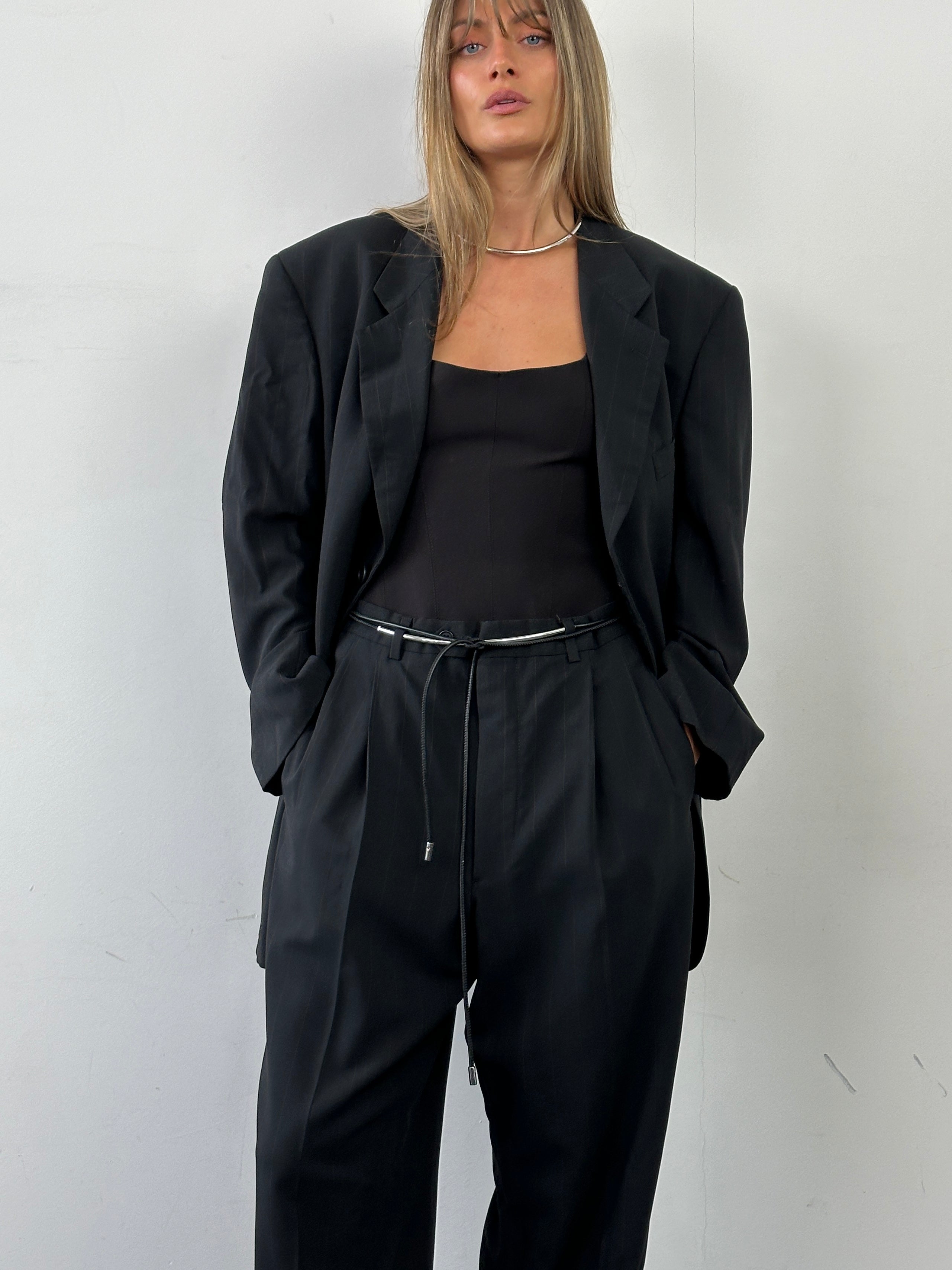 Giorgio Armani Le Collezioni pinstripe wool jumpsuit, single-breasted design, size 46R/W36, tailored and stylish.