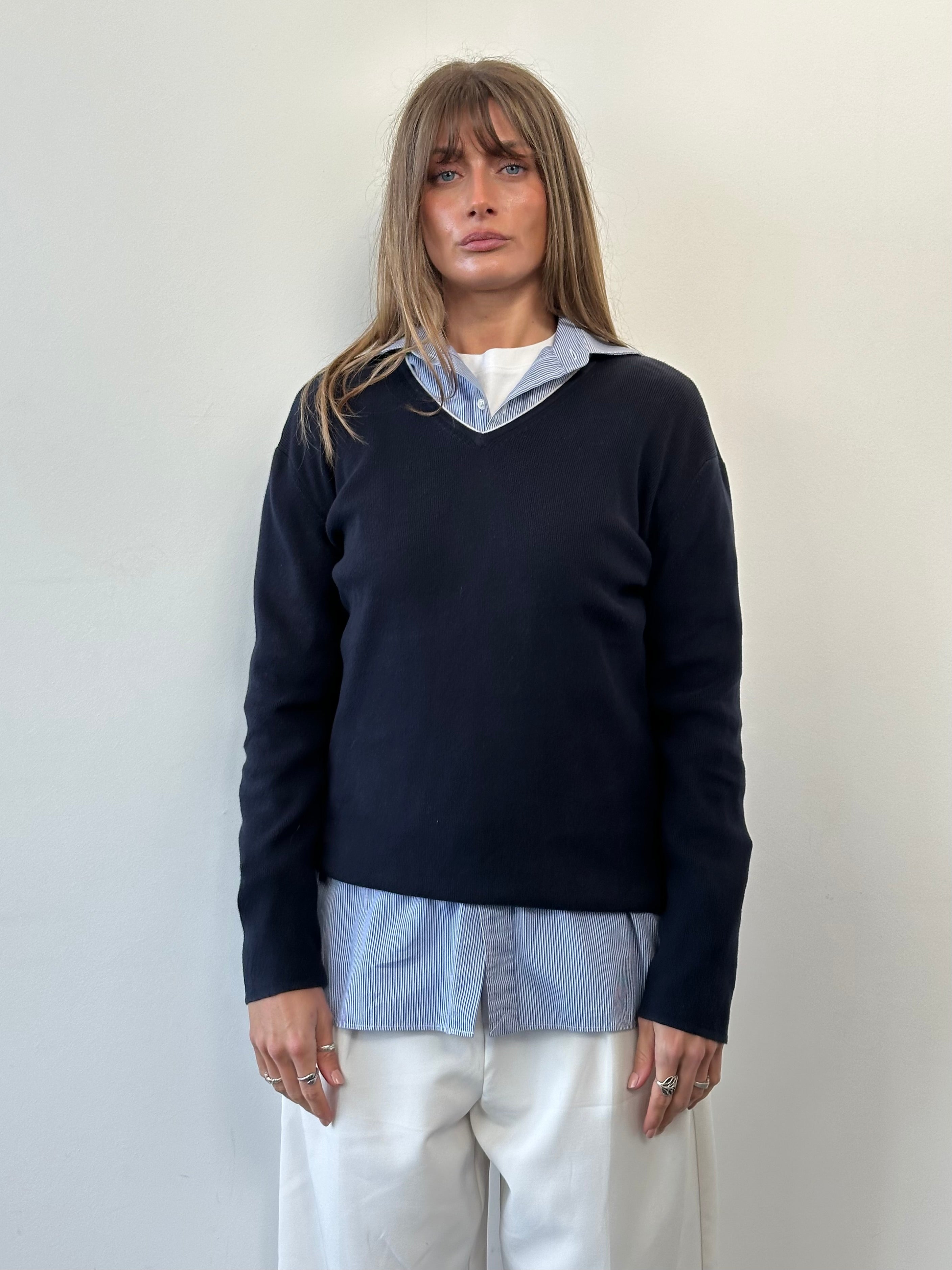Armani Jeans pure cotton V-neck jumper in size M/L, soft knit fabric, navy color, displayed on a hanger.