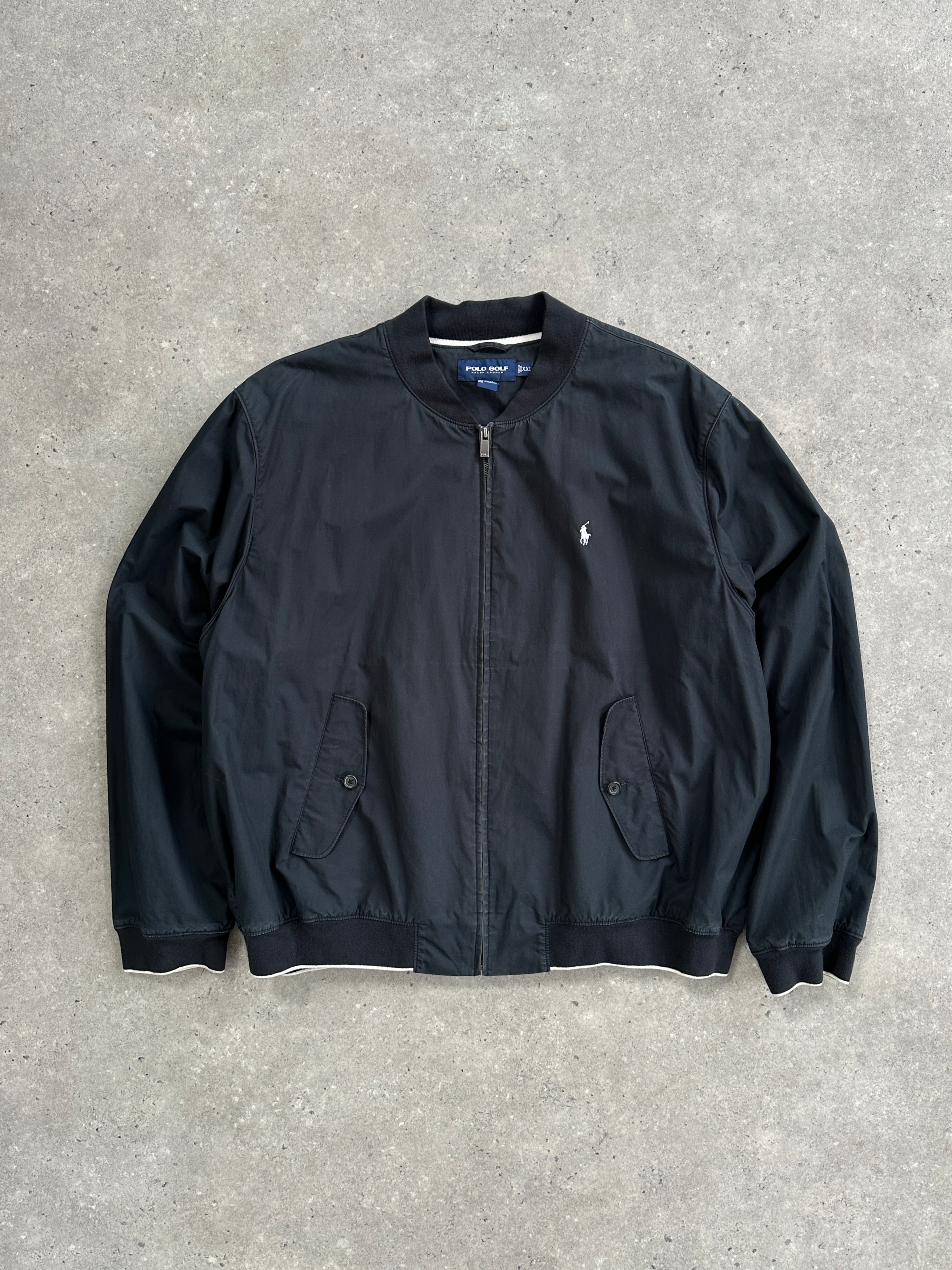Ralph Lauren Pure Cotton Logo Bomber Jacket in XXL, navy blue with Ralph Lauren embroidered logo, front zipper, ribbed cuffs.
