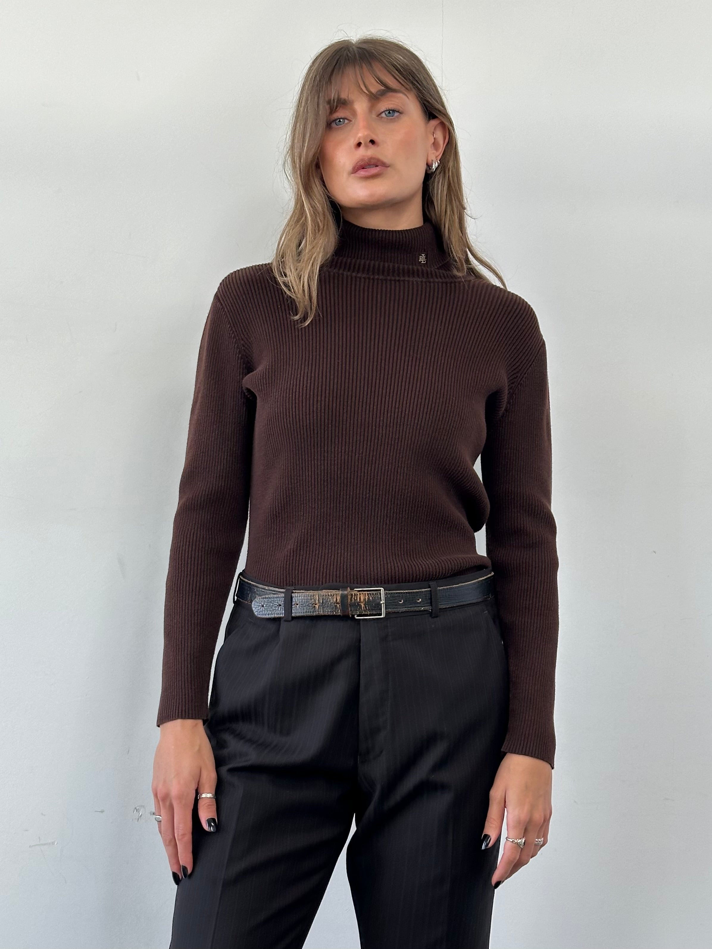 Ralph Lauren rib knit turtle neck jumper in medium, showcasing a cozy, fitted knit sweater with a classic turtleneck design.