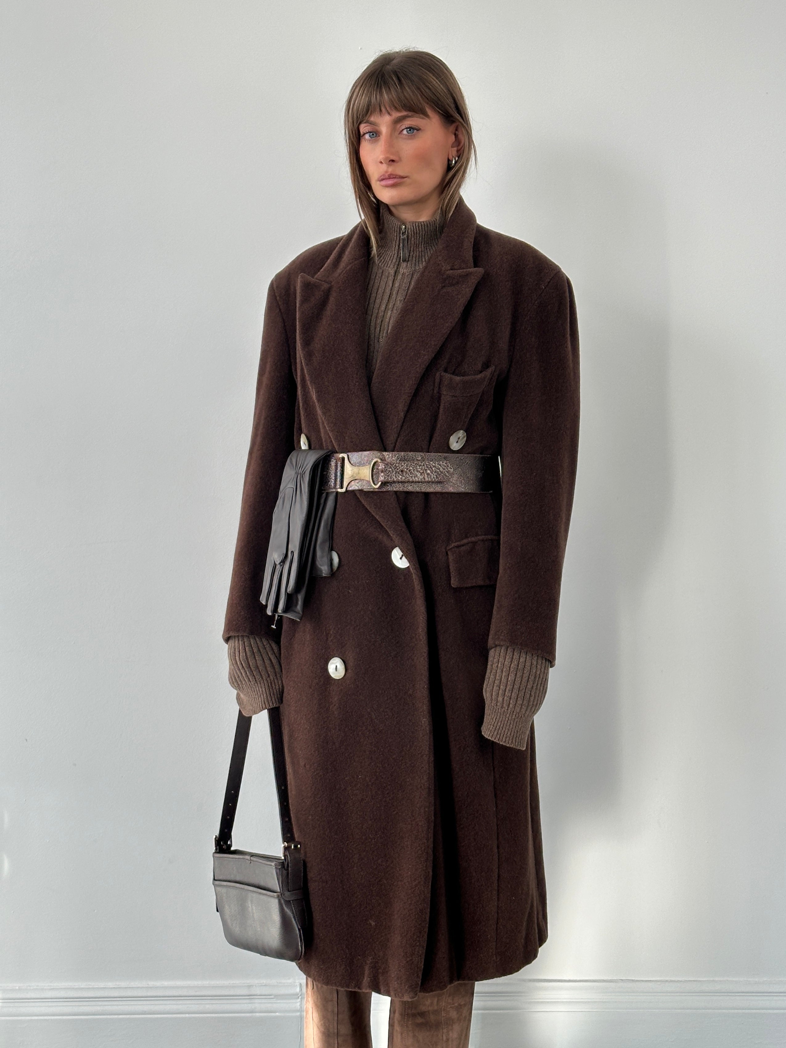 Moschino 1980s wool cashmere double-breasted coat in XL, showing classic design and tailored fit with button details.