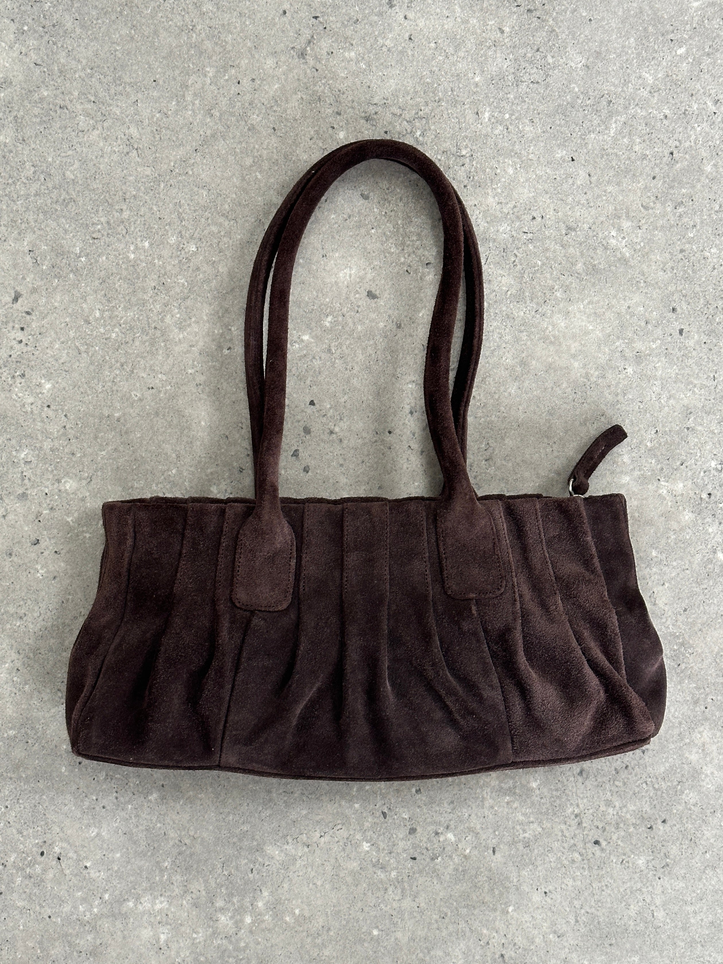 Abro Italian suede leather ruched shoulder bag with a stylish design and adjustable strap, perfect for casual or elegant outfits.
