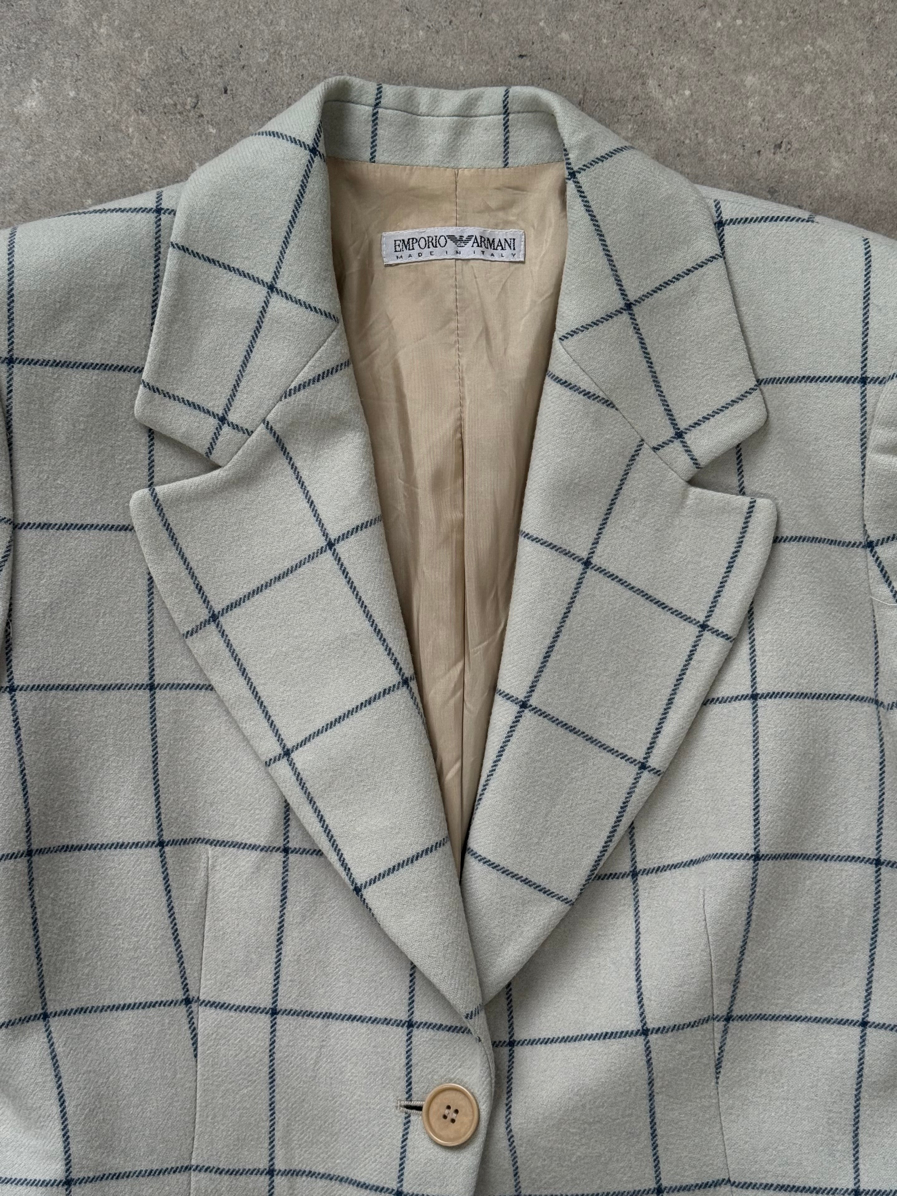 Emporio Armani 1990s wool check blazer in size M, tailored fit with classic plaid pattern and structured collar.