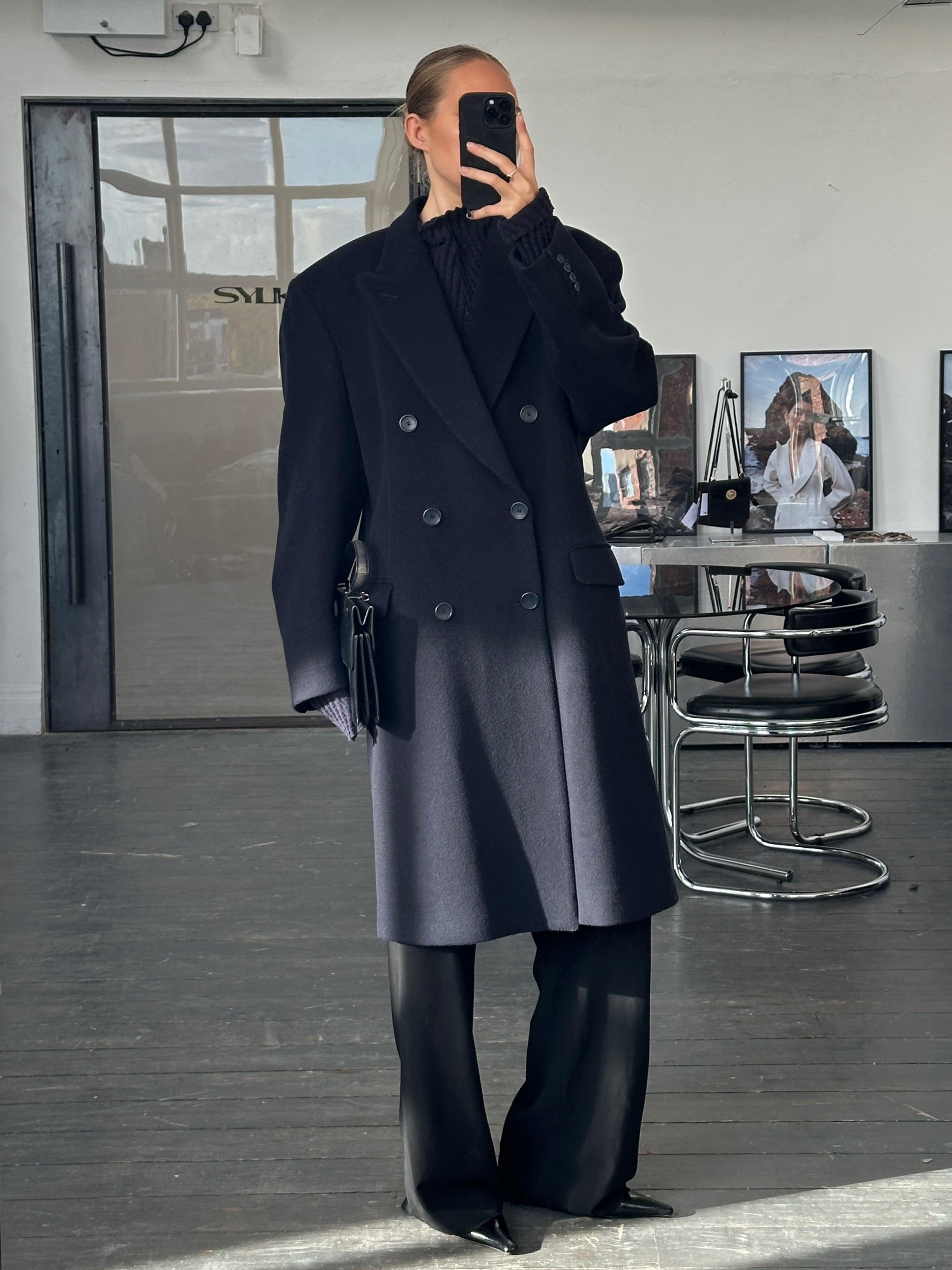 Vintage British 1990s wool cashmere double-breasted coat in XL, showcasing classic style and quality fabric details.