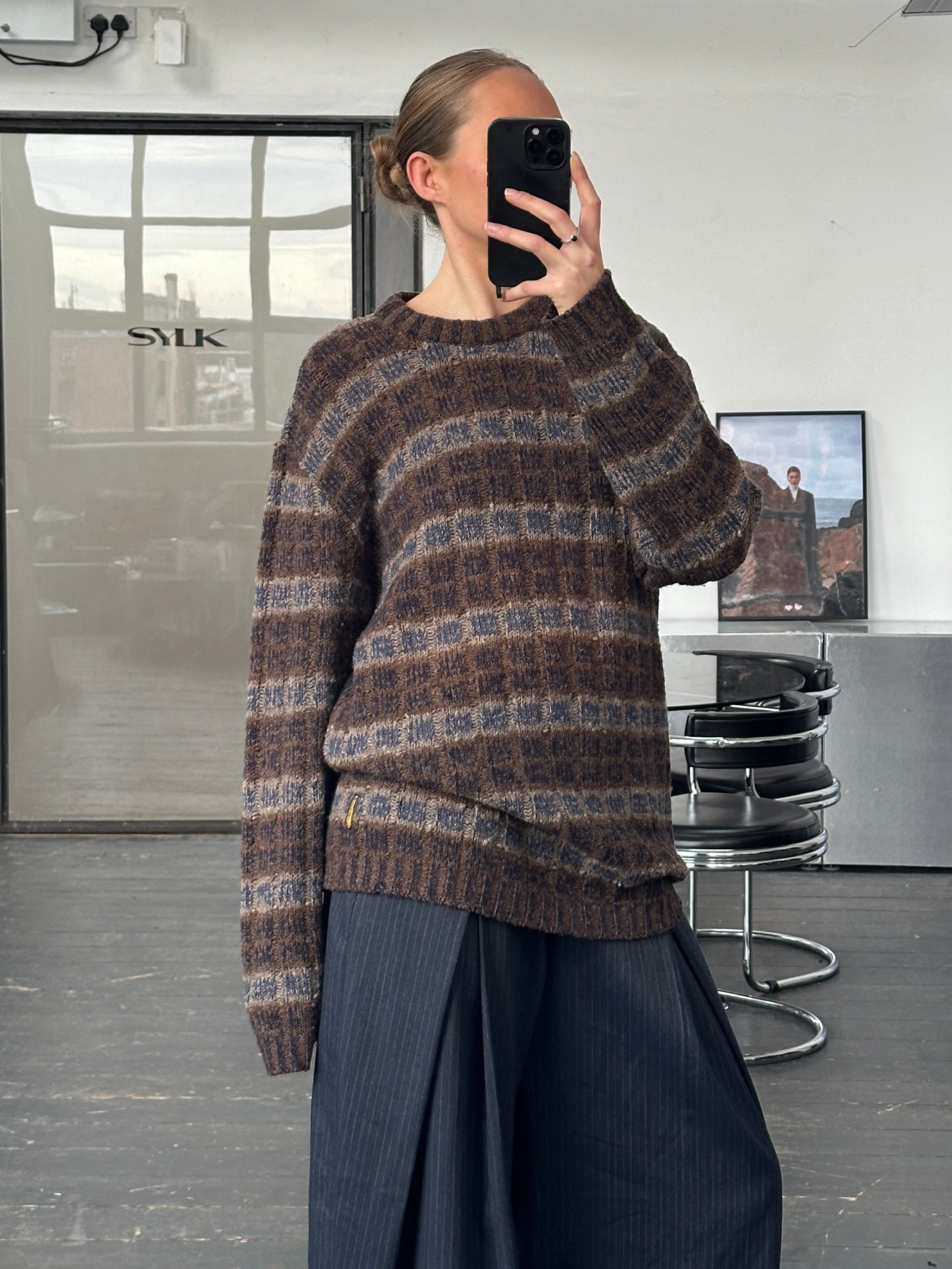 Armani Jeans 1990s wool check knitted jumper in XL, featuring a cozy, patterned design in neutral tones.
