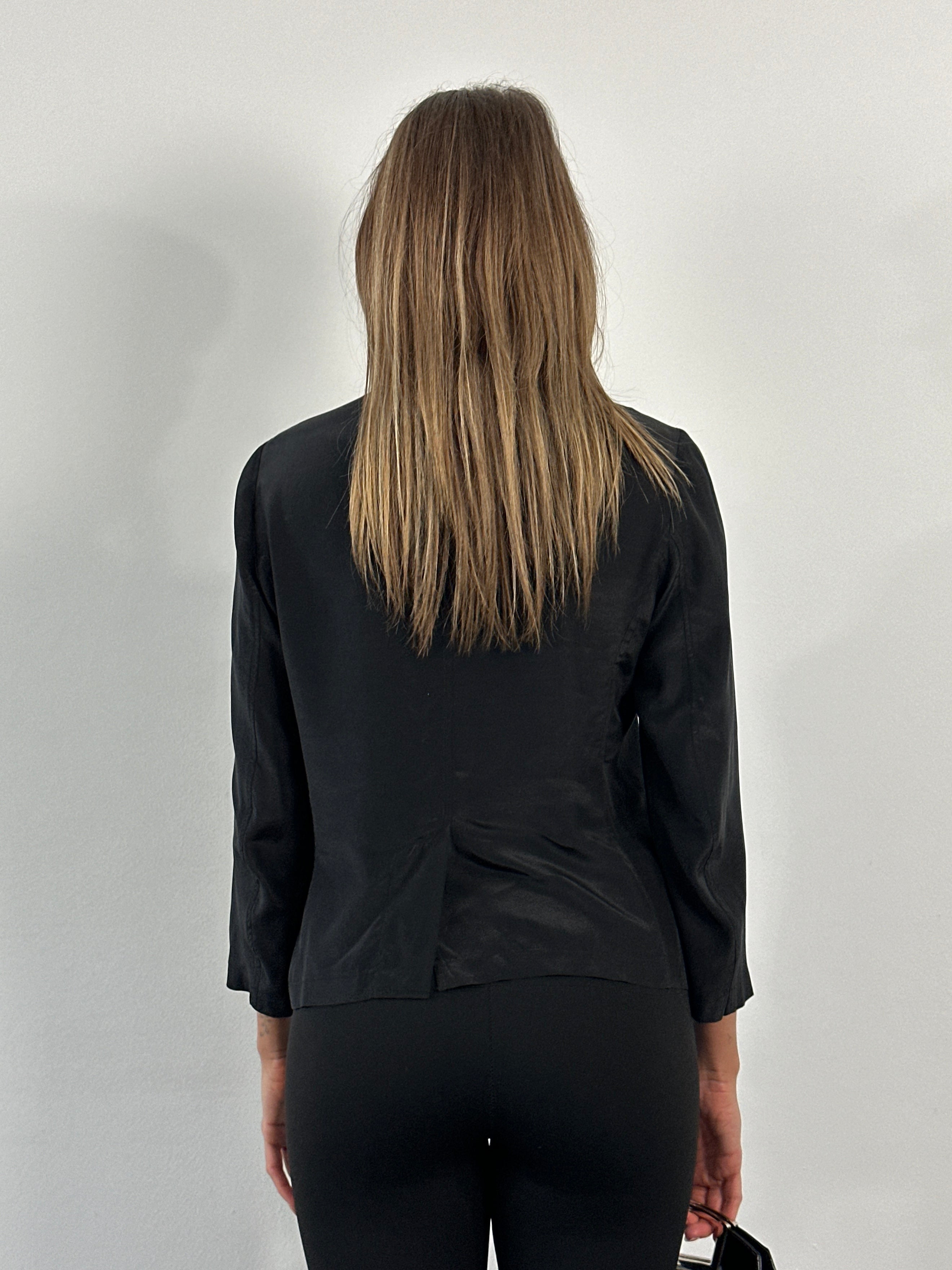 Nicole Farhi 2000s pure silk double-breasted shirt in S/M, featuring a classic design and smooth fabric.
