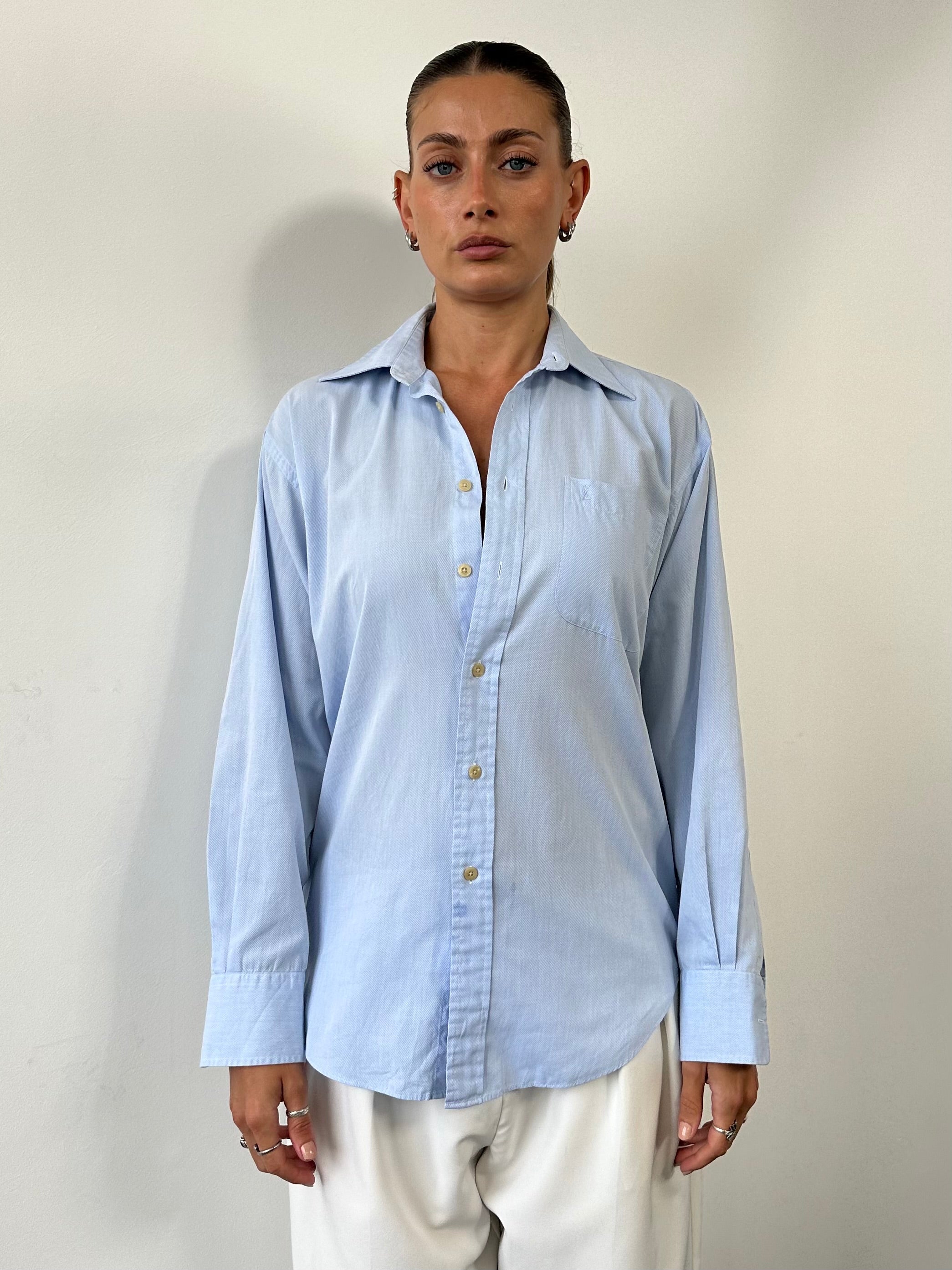 Yves Saint Laurent Pour Homme cotton logo shirt in size M, featuring classic design and prominent YSL branding on the front.