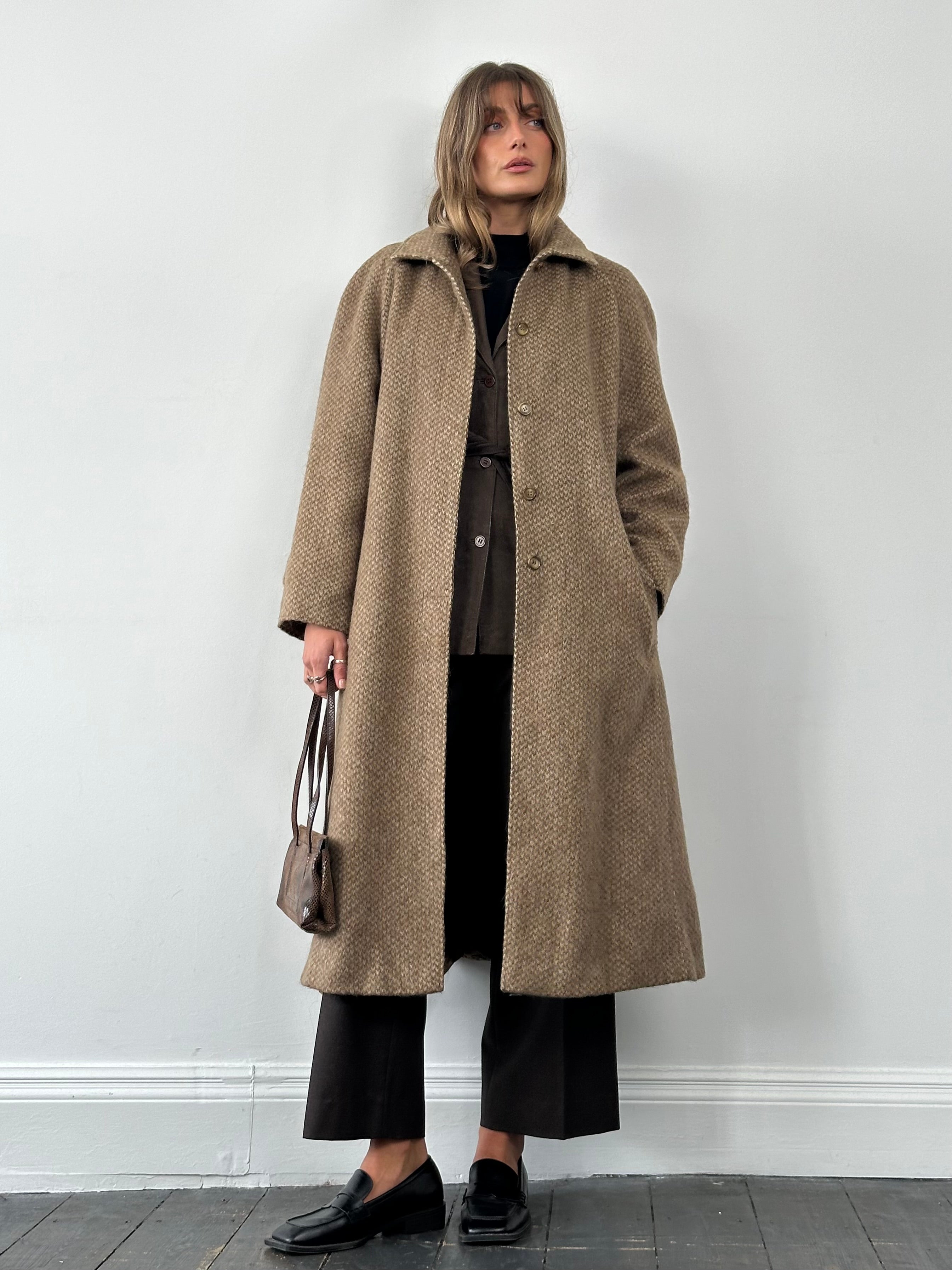 Max Mara pure wool fuzzy coat with concealed placket, long sleeves, and tailored fit in size L, displayed on a neutral background.
