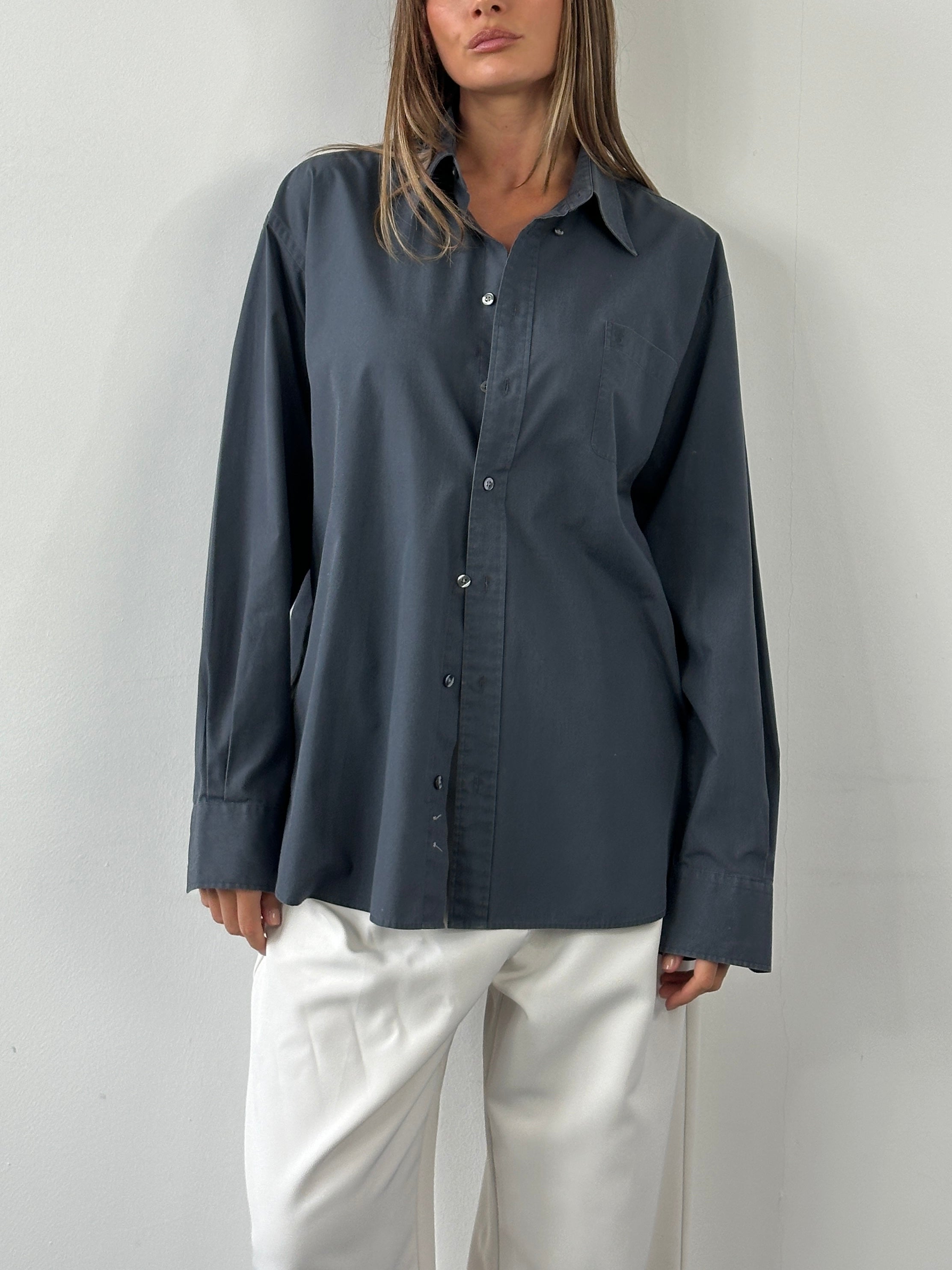 Yves Saint Laurent Pour Homme 1990s cotton logo shirt in size L/XL, featuring classic design and embroidered logo on the front.